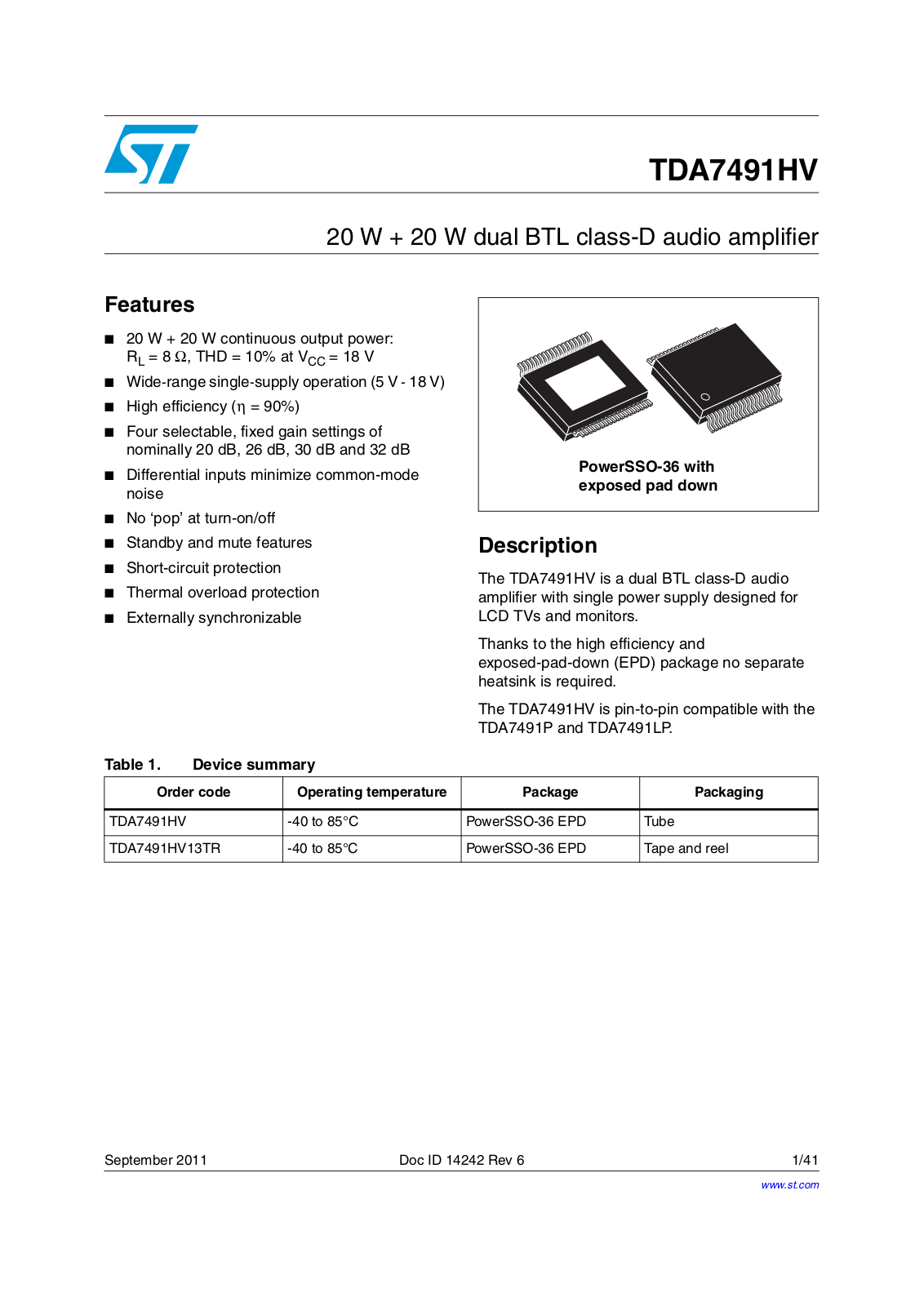 ST TDA7491HV User Manual