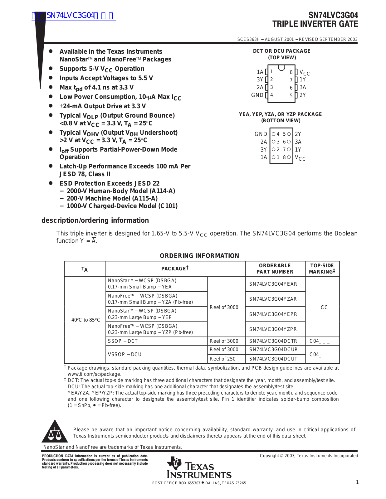 TEXAS INSTRUMENTS SN74LVC3G04 Technical data