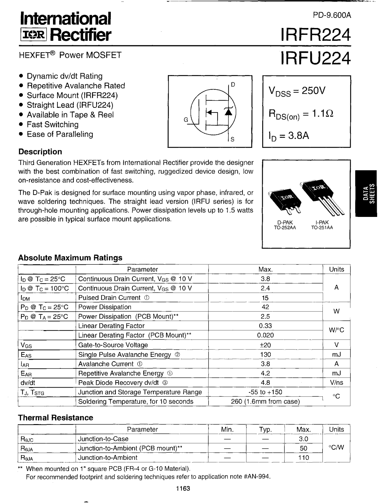 International Rectifier IRFU224, IRFR224 Datasheet