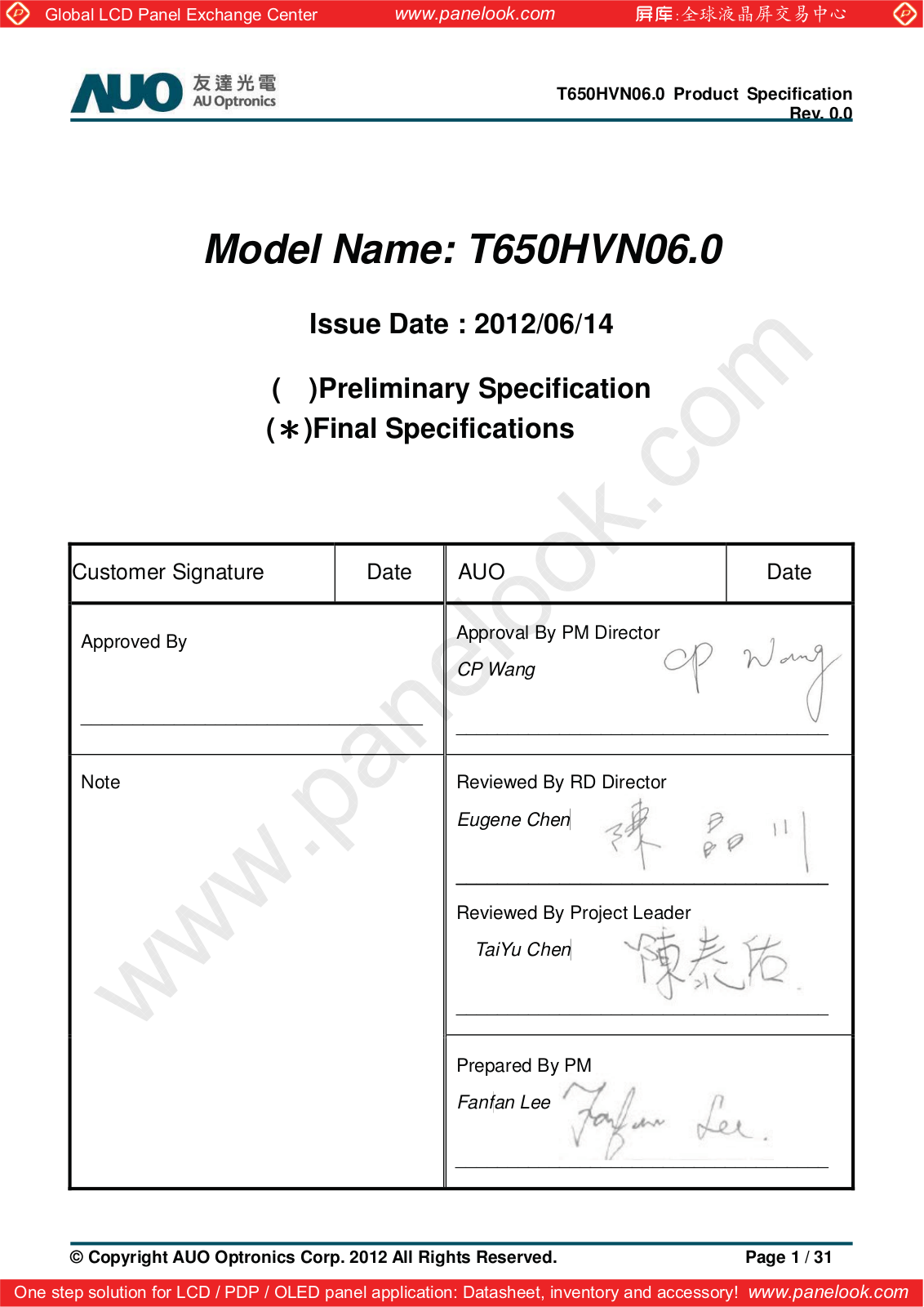AUO T650HVN06.0 Specification - ManualMachine.com