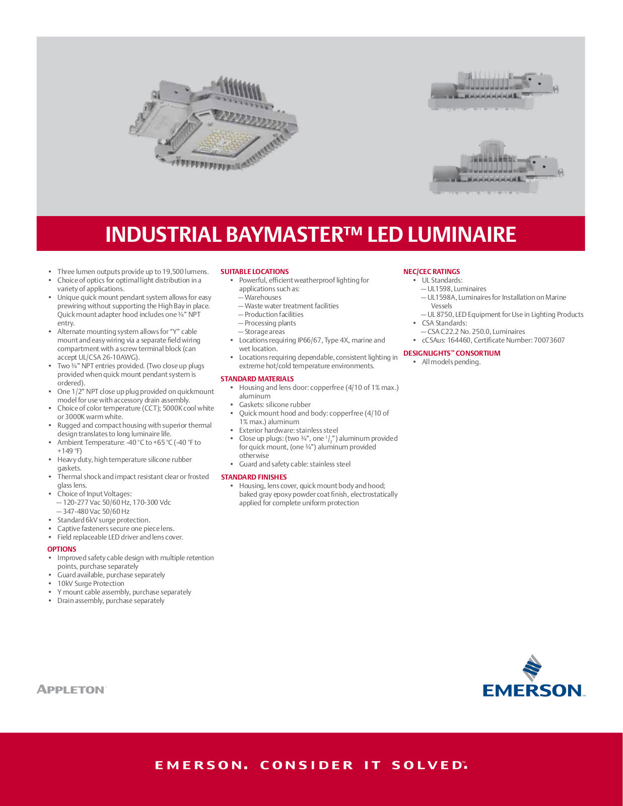 Appleton Industrial baymaster™ LED luminaire Data Sheet