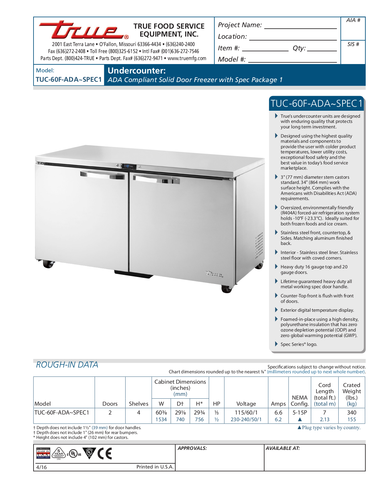 True TUC-60F-ADA User Manual