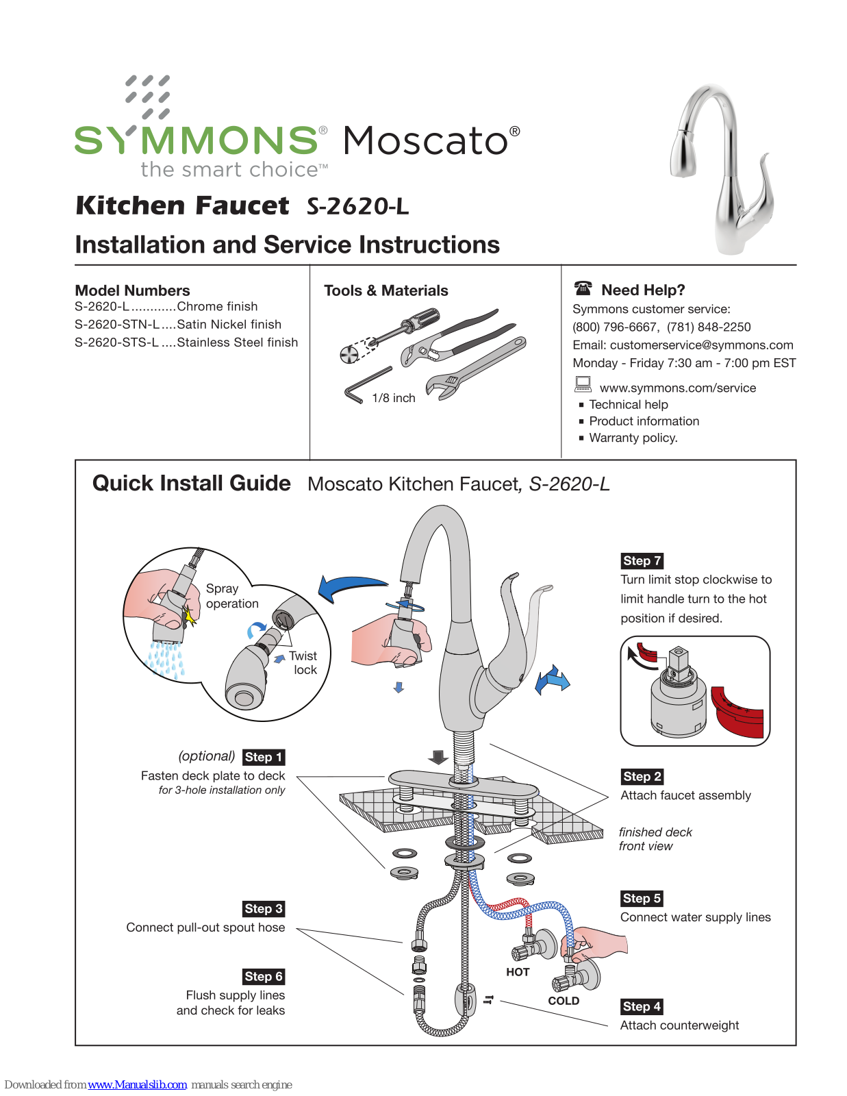 Symmons Moscato S-2620-L, Moscato S-2620-STN-L, Moscato S-2620-STS-L Installation And Service Instructions Manual