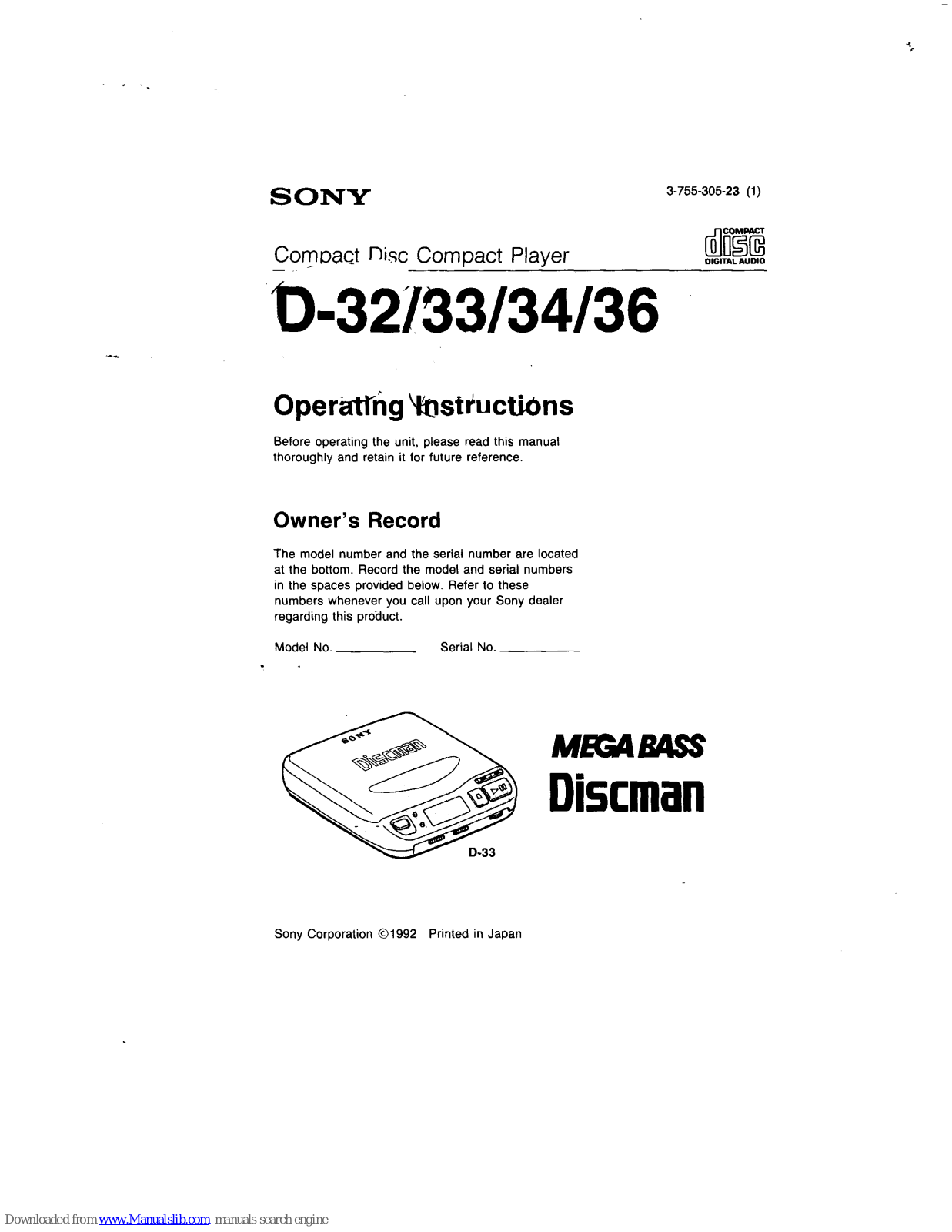 Sony Discman D-32,Discman D-33,Discman D-34,Discman D-36 Operating Instrctions