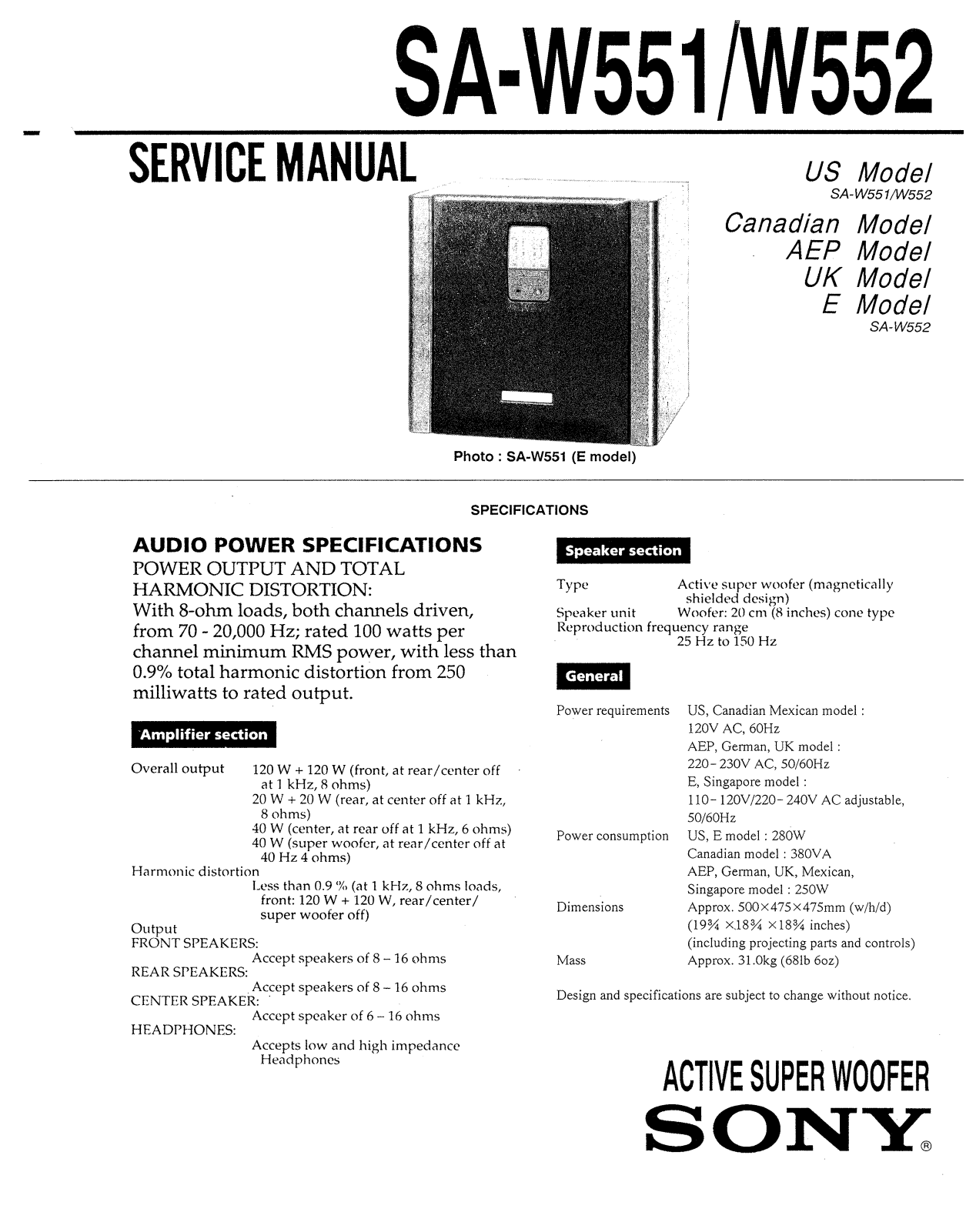 Sony SA-W551, SA-W552 Service Manual