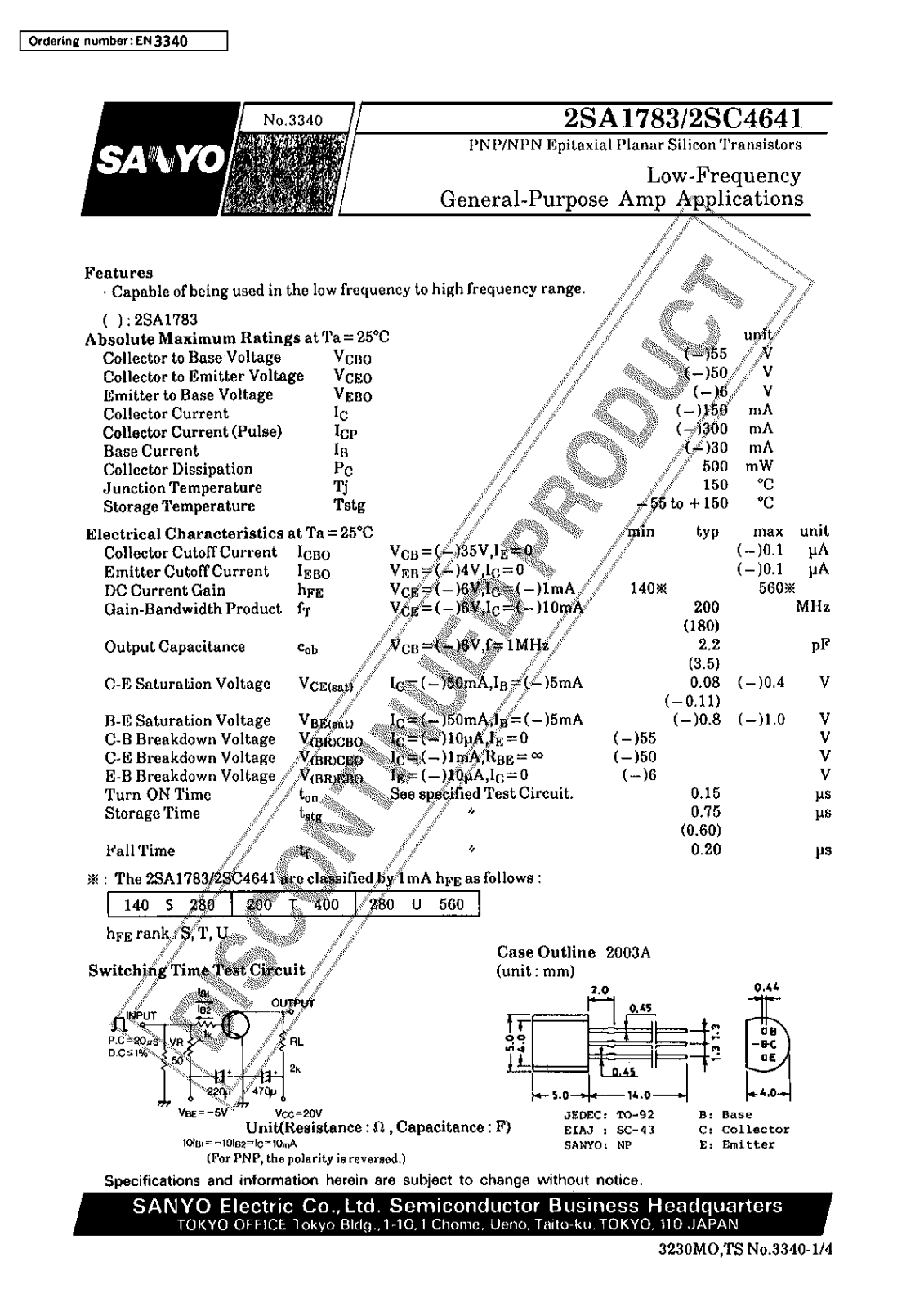 Sanyo 2SA1783 Specifications