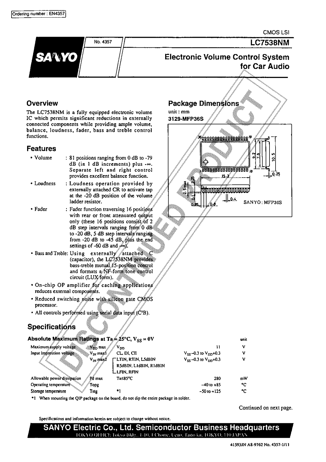 Sanyo LC7538NM Specifications