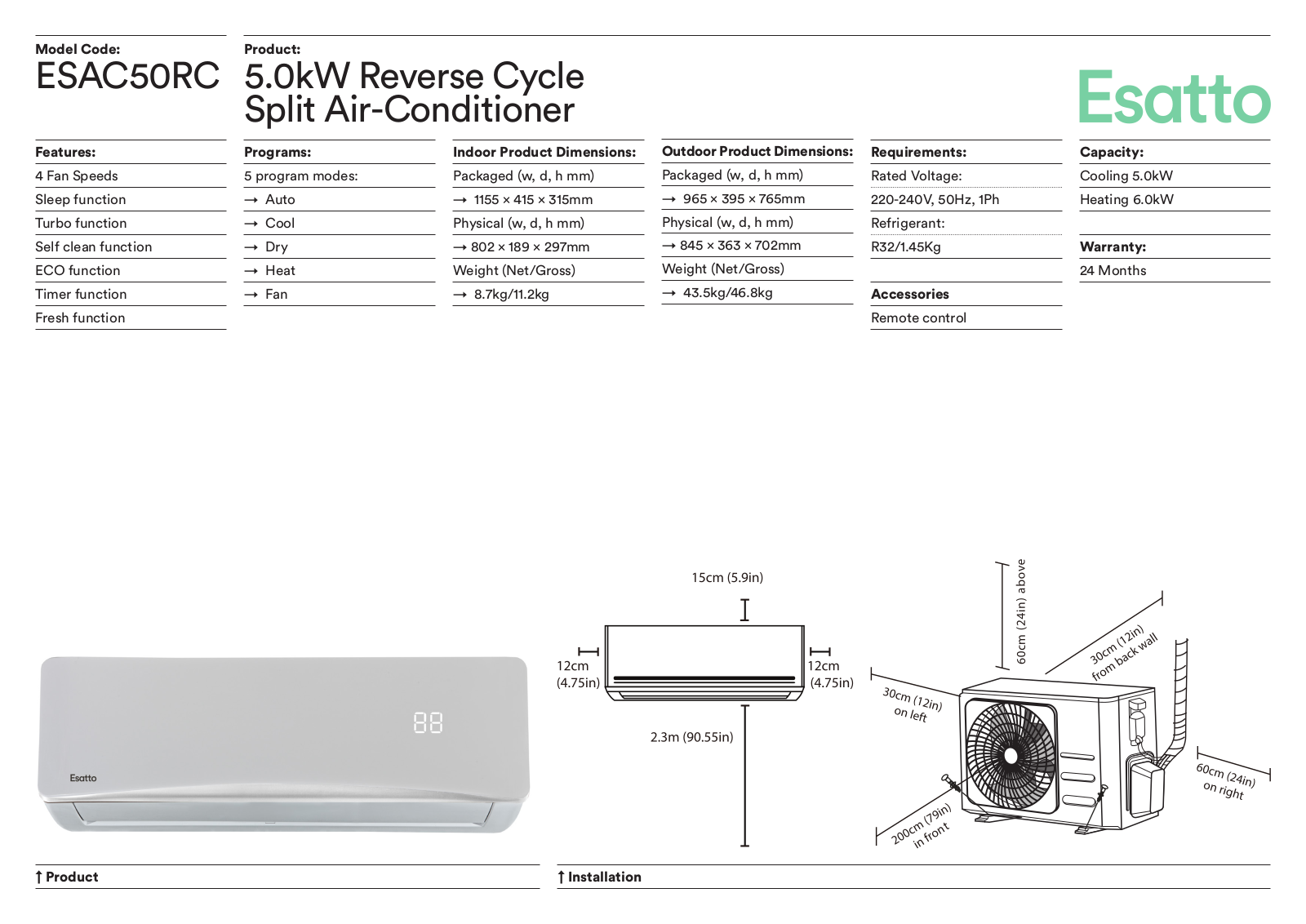 Esatto ESAC50RC Specifications Sheet