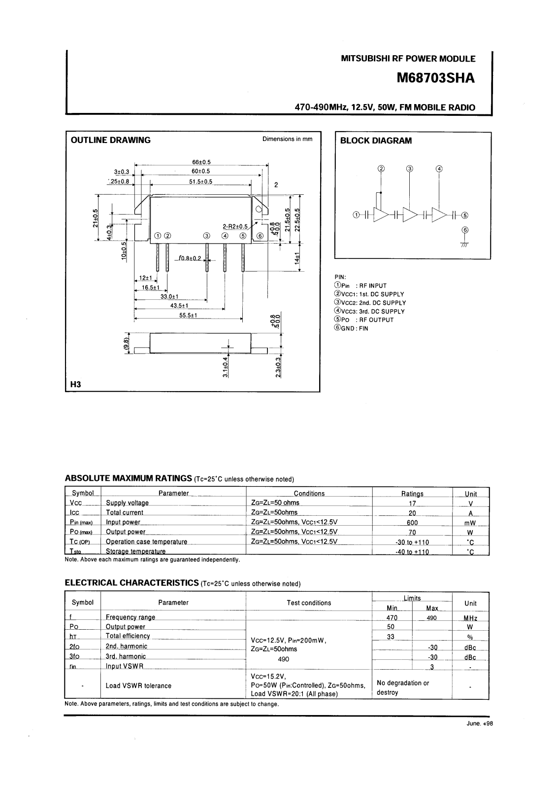 Mitsubishi M68703SHA Datasheet