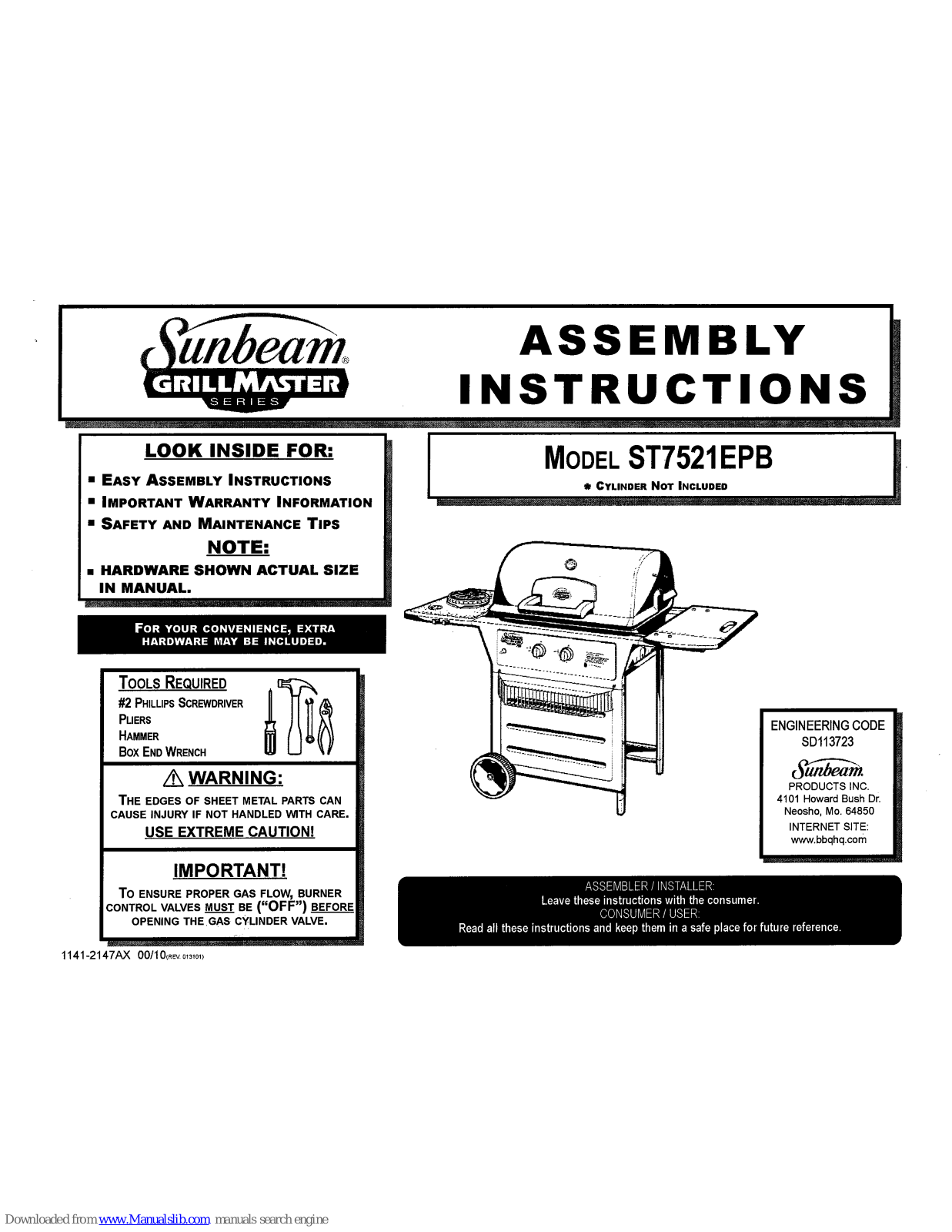 Sunbeam ST7521EPB Assembly Instructions Manual