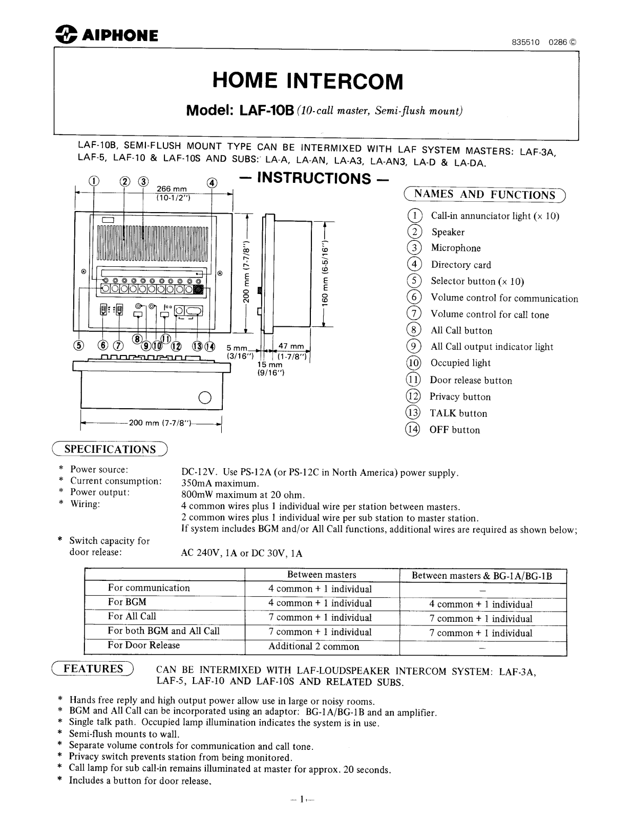 Aiphone LAF-10B INSTALLATION INSTRUCTIONS