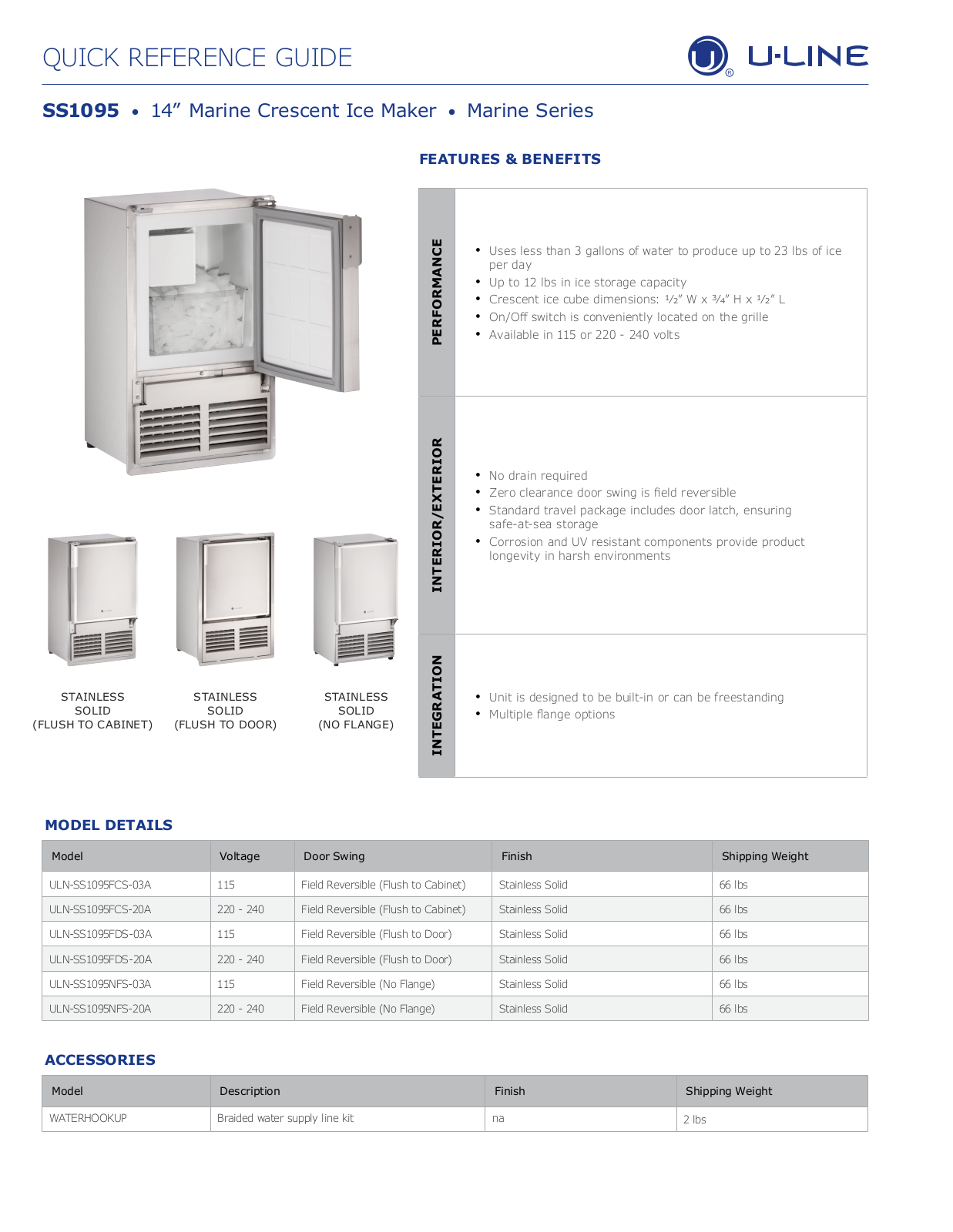 U-Line ULN-SS1095FDS-03A, ULN-SS1095FCS-03A, ULN-SS1095NFS-03A, ULN-SS1095FDS-20A, ULN-SS1095FCS-20A User Manual