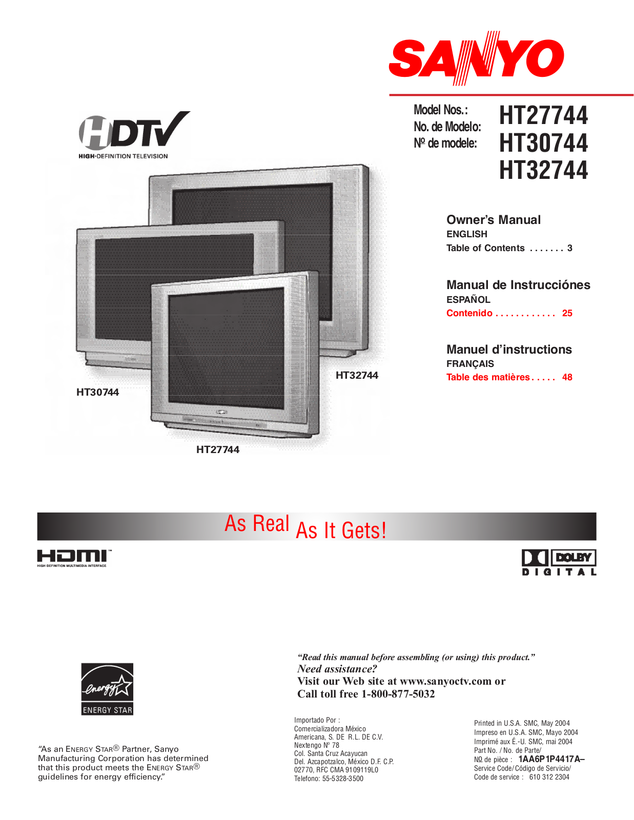 Sanyo HT27744, HT30744, HT32744 Owner's Manual