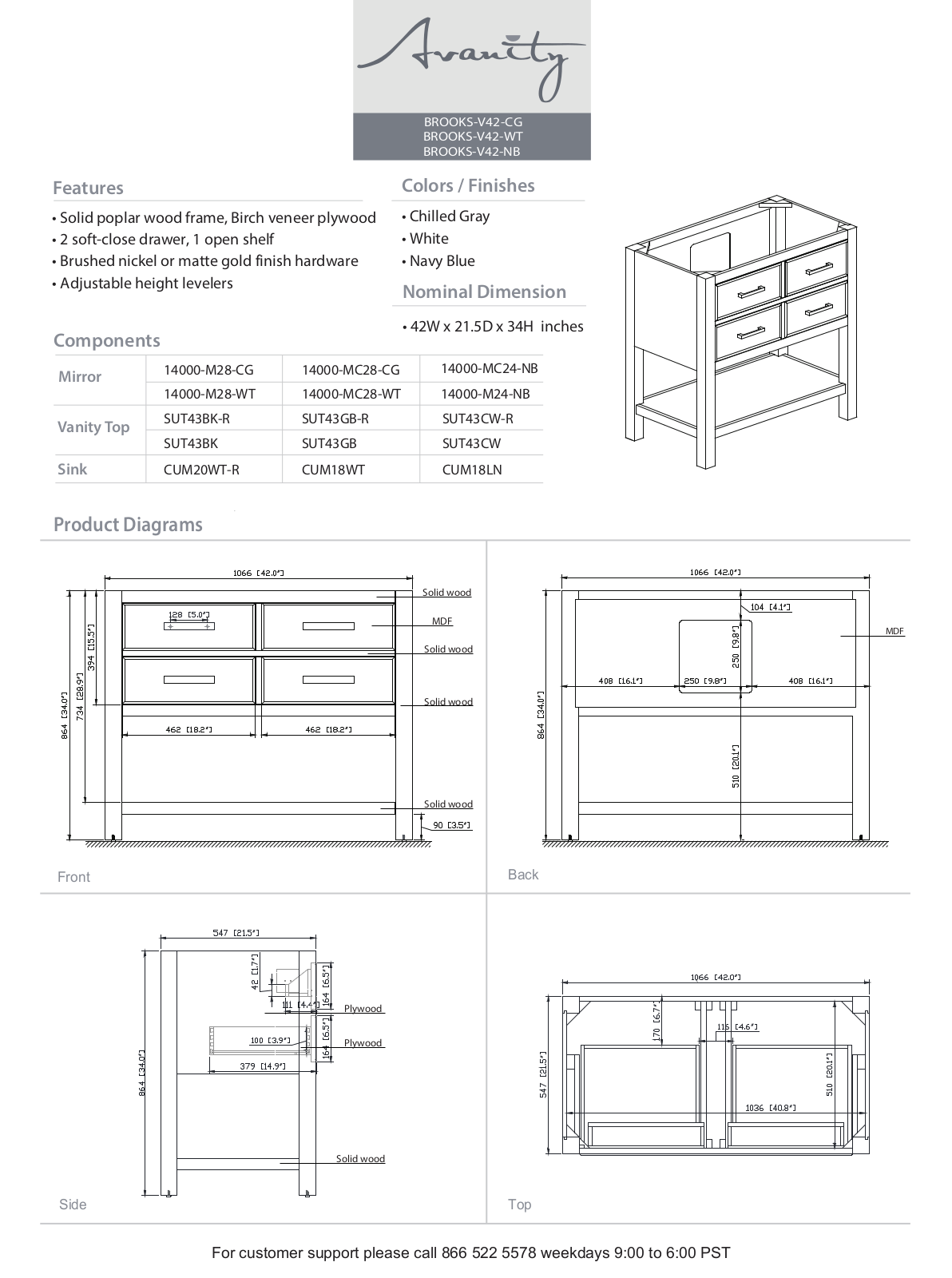 Avanity BROOKSV42NB Specifications