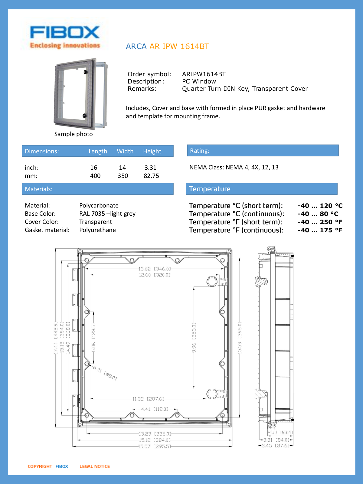 Fibox Enclosures ARIPW1614BT Data Sheet