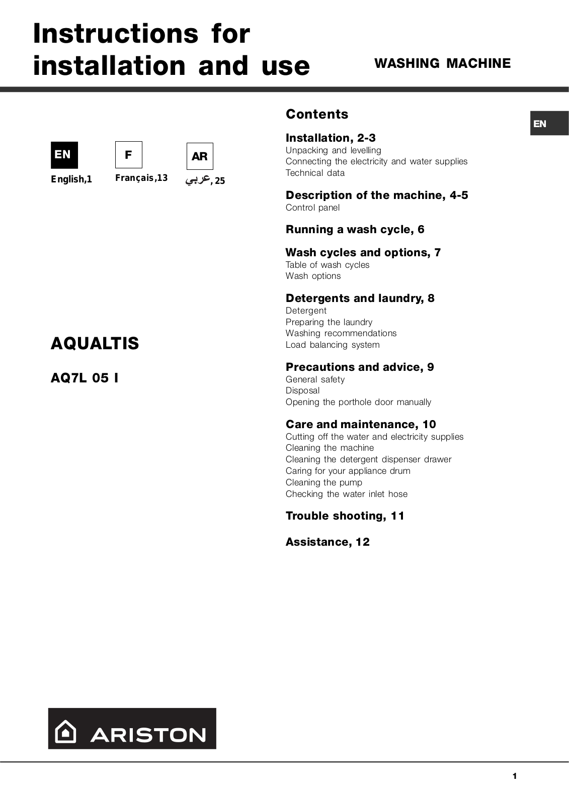 HOTPOINT AQ7L29UH, AQ7L05UIT User Manual