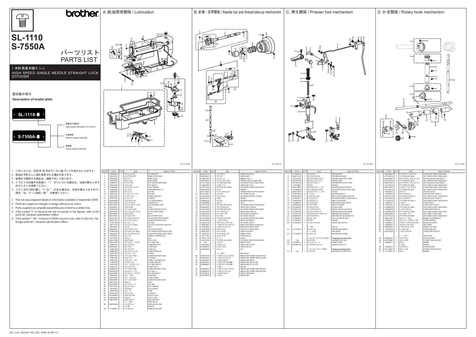 BROTHER SL-1110, S-7550A Parts List
