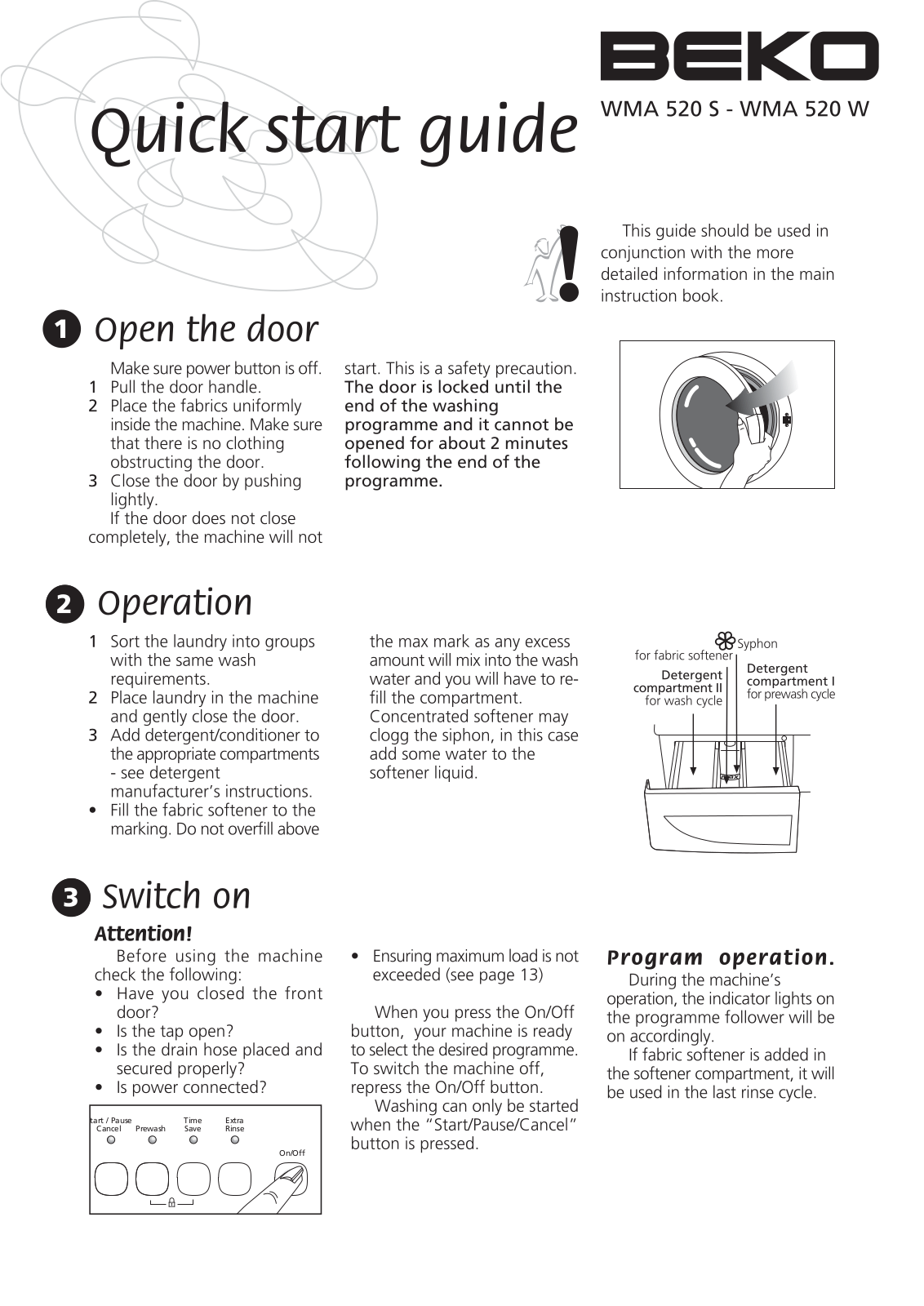 Beko WMA520S, WMA520W Quick Start Guide