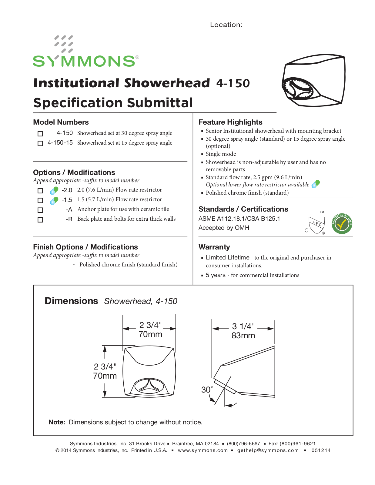 Symmons 4-150 User Manual