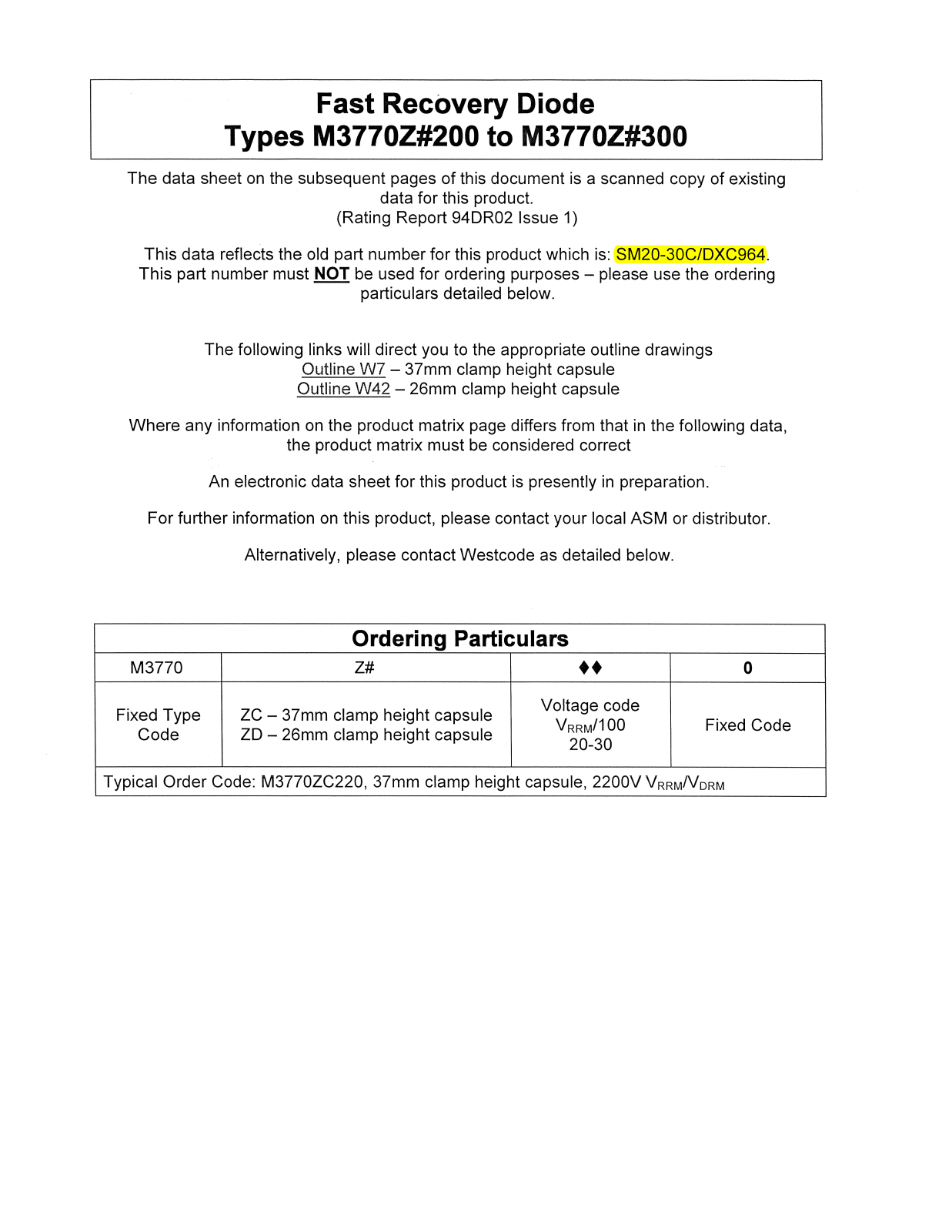 Datasheet M3770Z#200, M3770Z#300 Datasheet (Westcode Semiconductors) - ManualMachine.com
