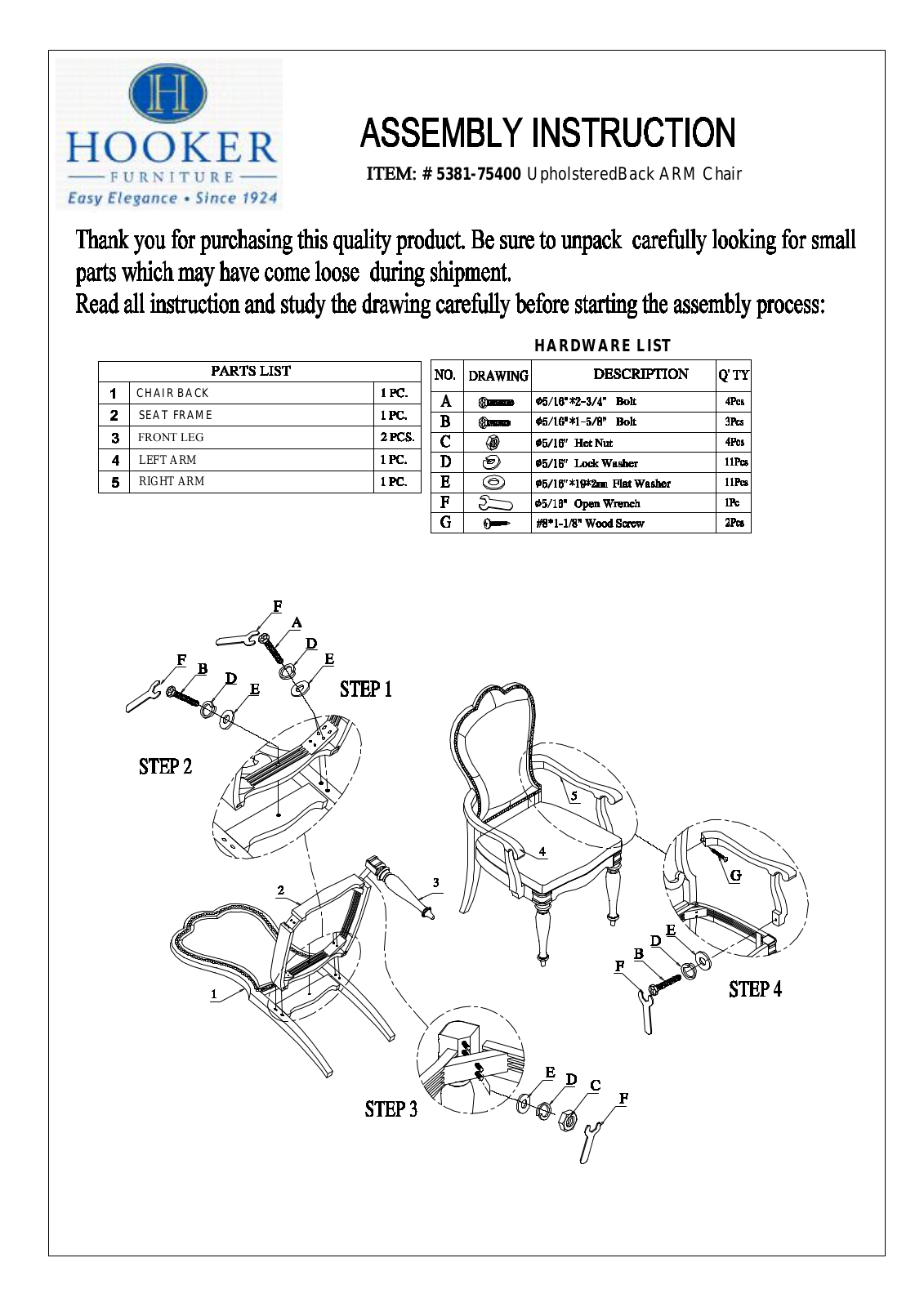 Hooker Furniture 538175400 Assembly Guide