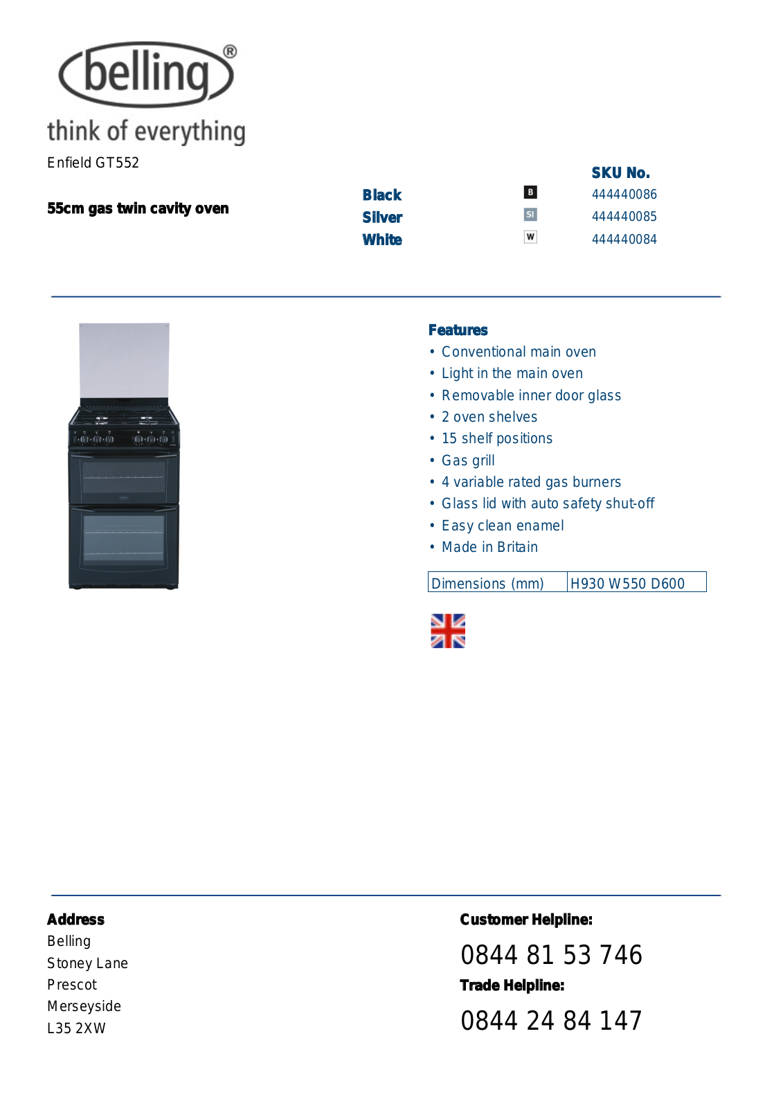 Belling ENFIELD GT552 DATASHEET