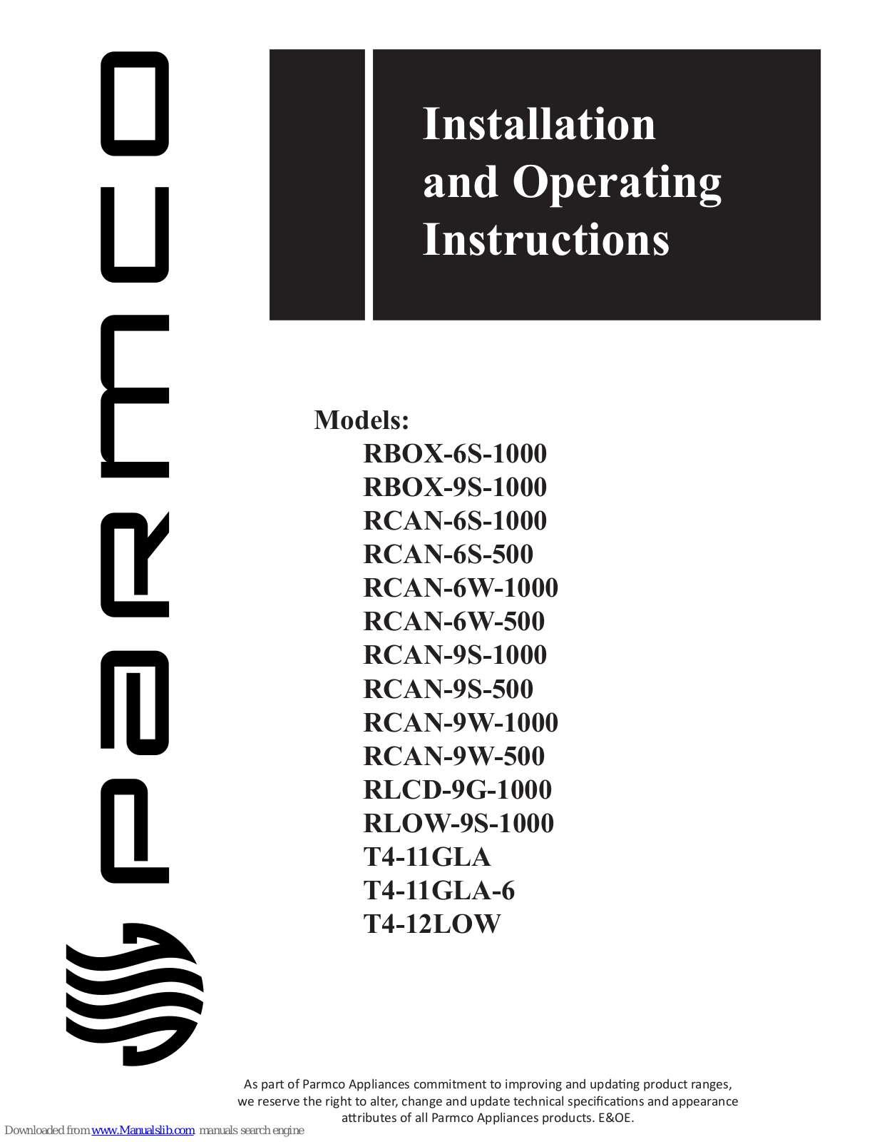 Parmco RBOX-6S-1000, RBOX-9S-1000, RCAN-6S-1000, RCAN-6S-500, RCAN-6W-1000 Installation And Operating Instructions Manual