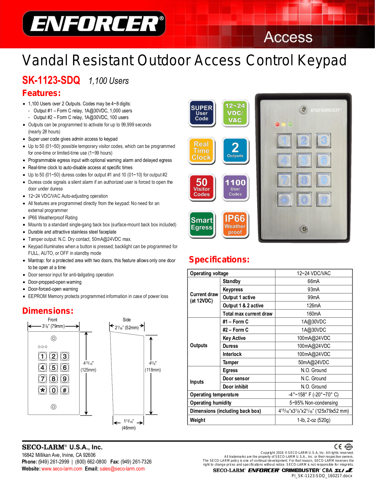 Seco-Larm SK-1123-SDQ Specsheet