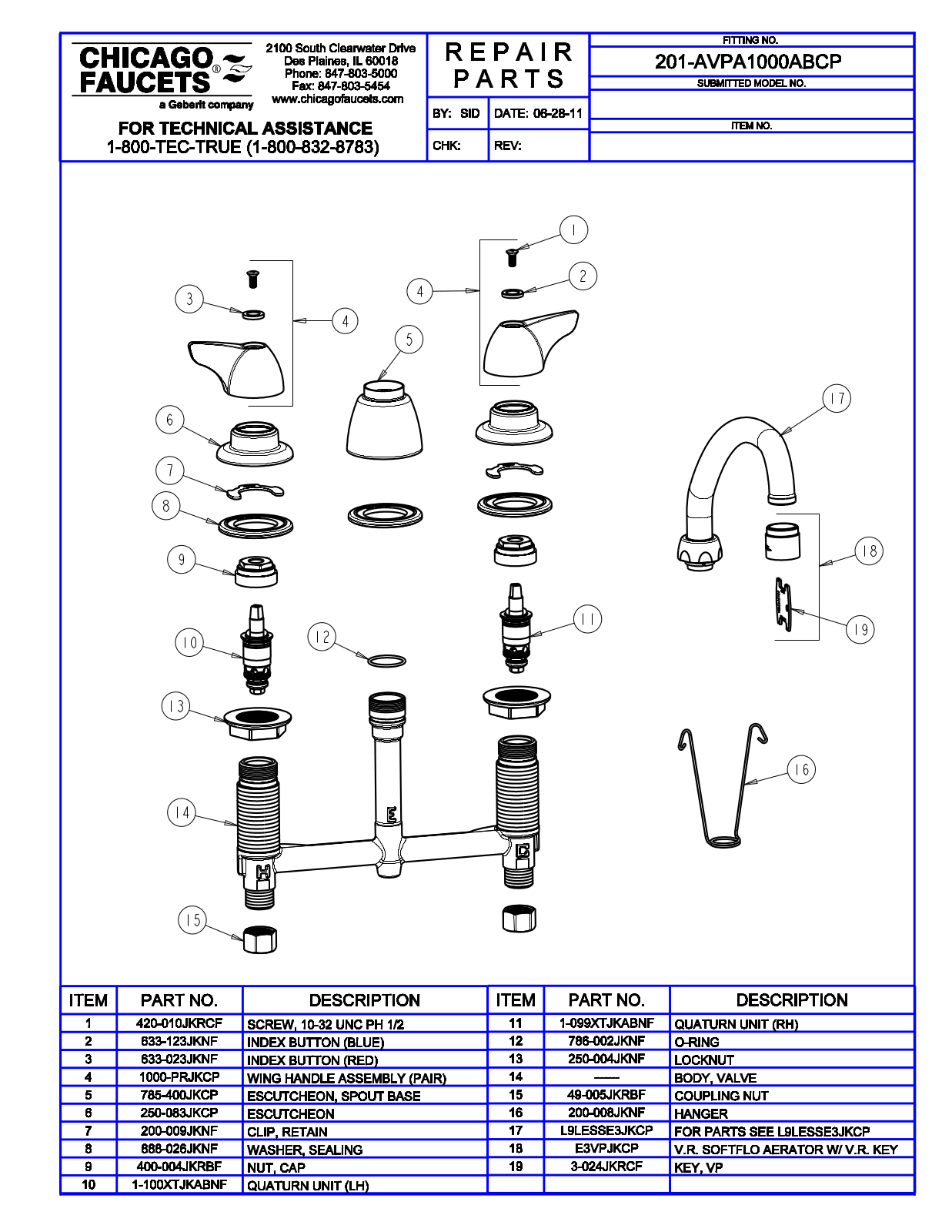 Chicago Faucet 201-AVPA1000ABCP Parts List