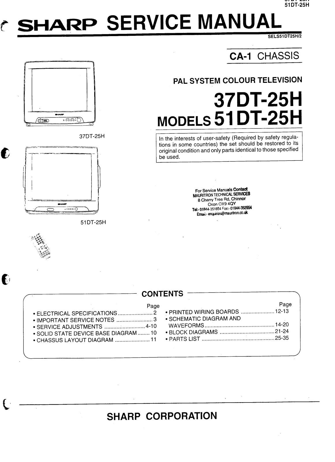 SHARP 37DT-25H, 51DT-25H Service Manual