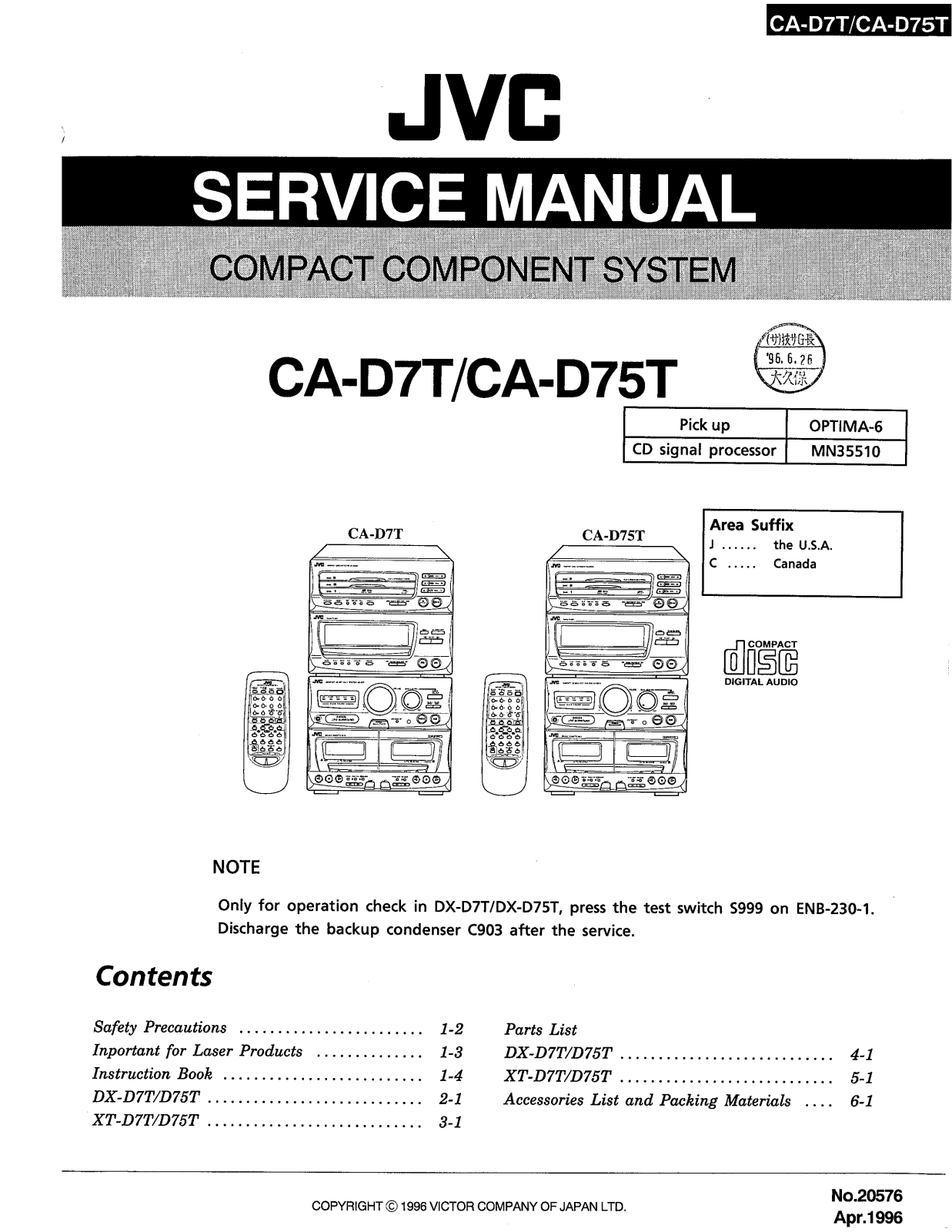JVC CA-D75T, CA-D7TA, CA-D7TC, CA-D7TG, CA-D7TJ Service Manual