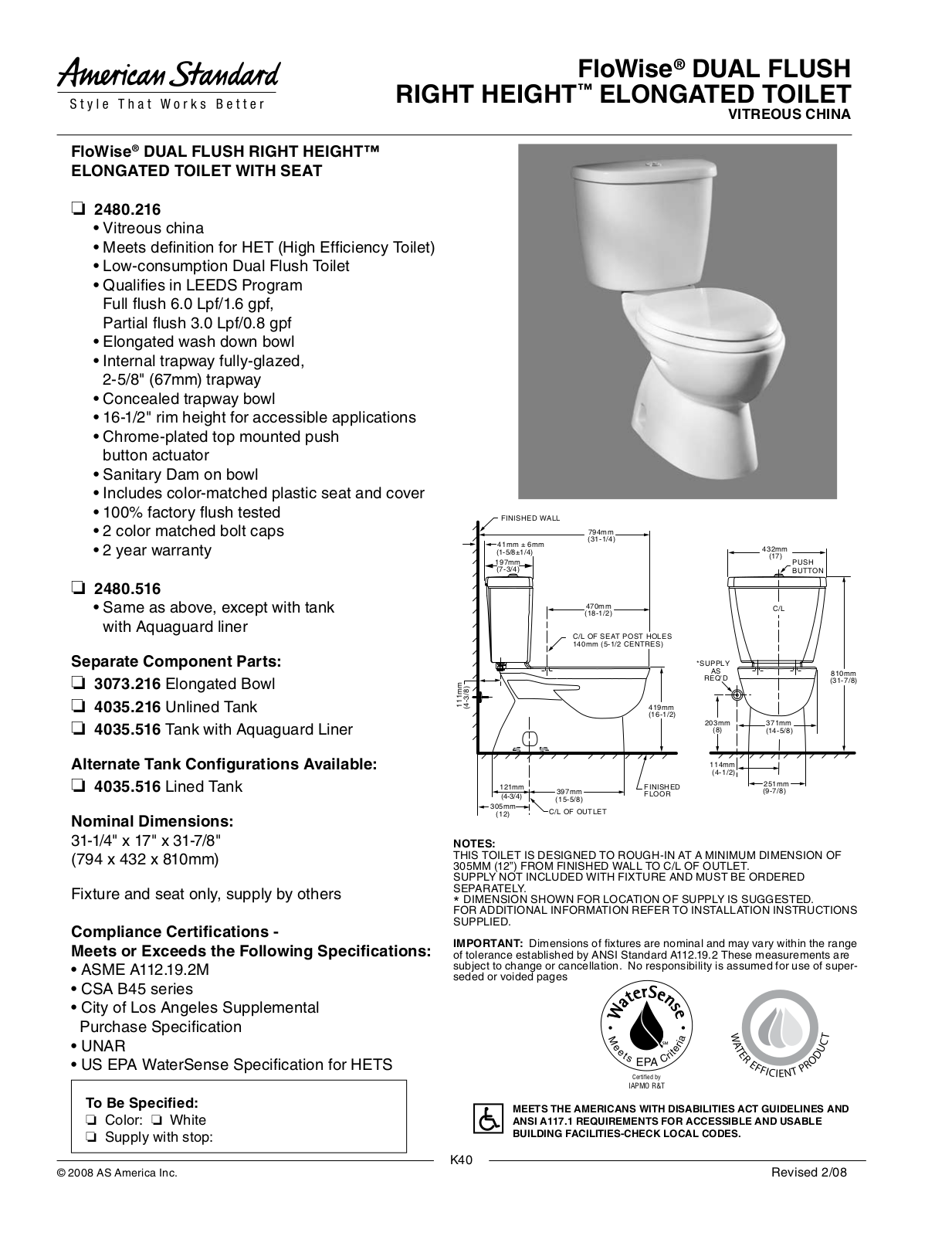 American Standard 3073.216 User Manual