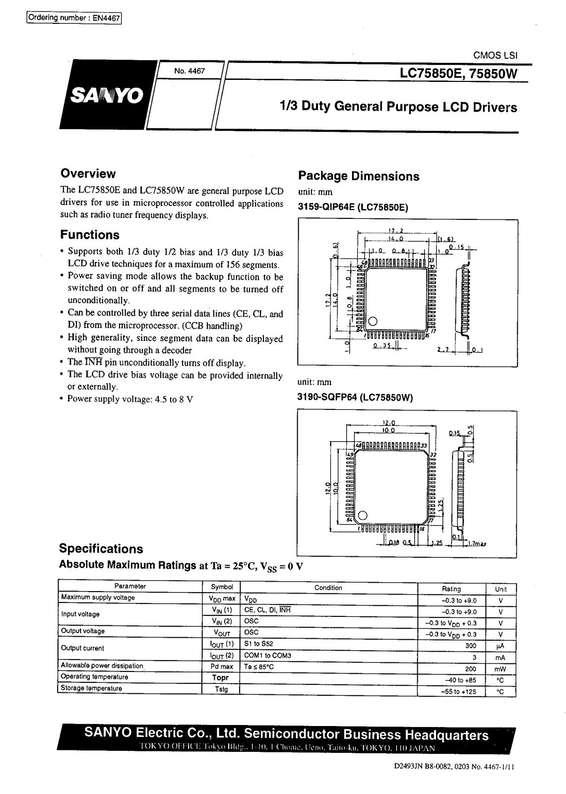 SANYO LC75850W, LC75850E Datasheet