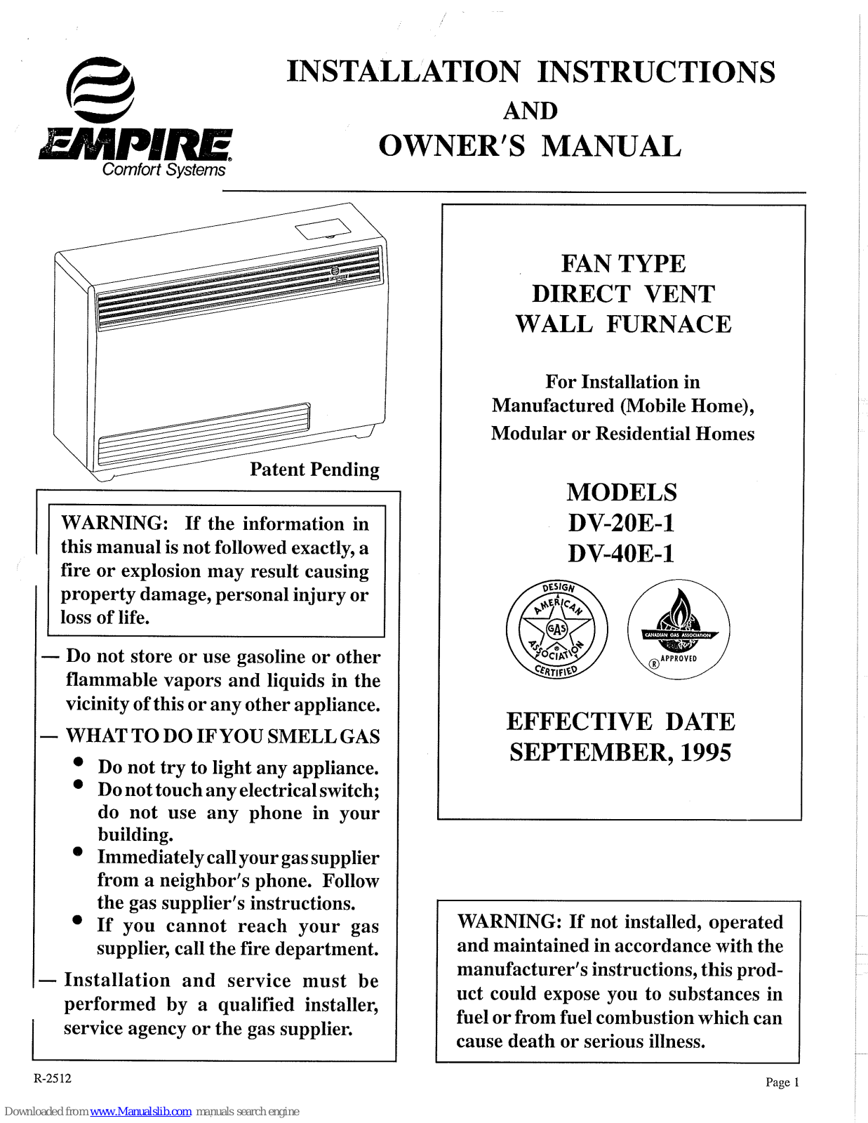 Empire Comfort Systems DV-20E-1, DV-40E-1 Installation Instructions And Owner's Manual