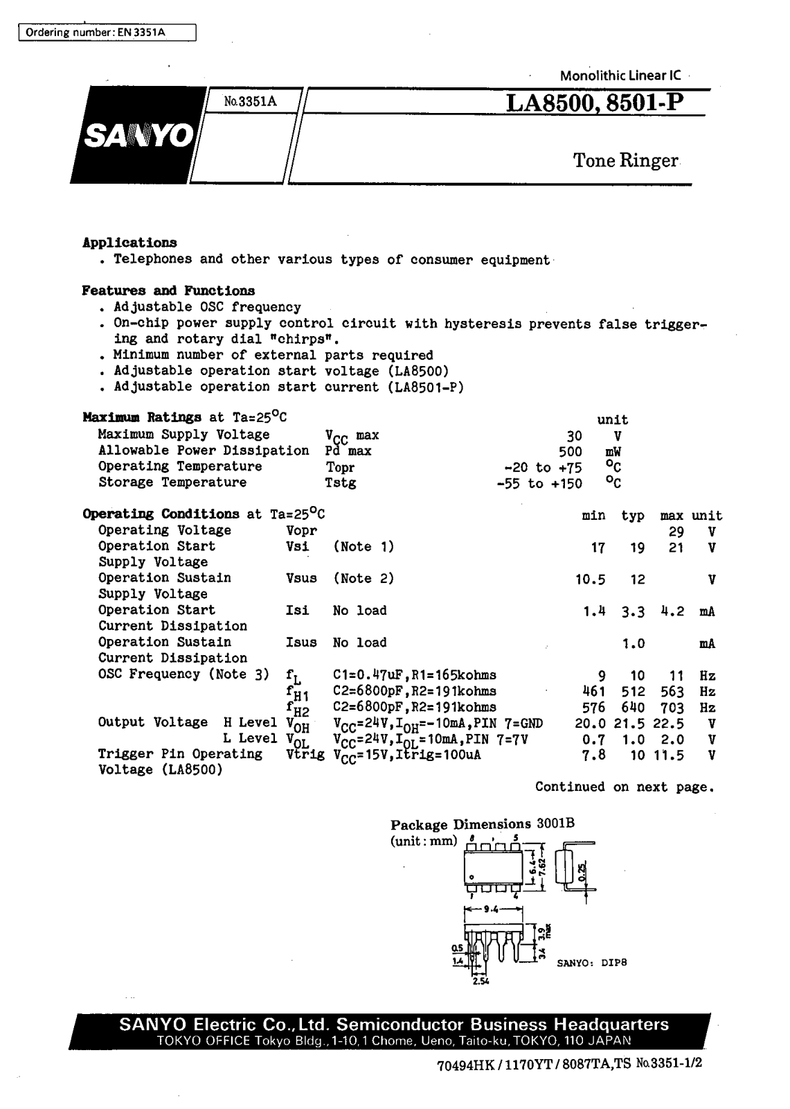 SANYO LA8501-P, LA8500 Datasheet