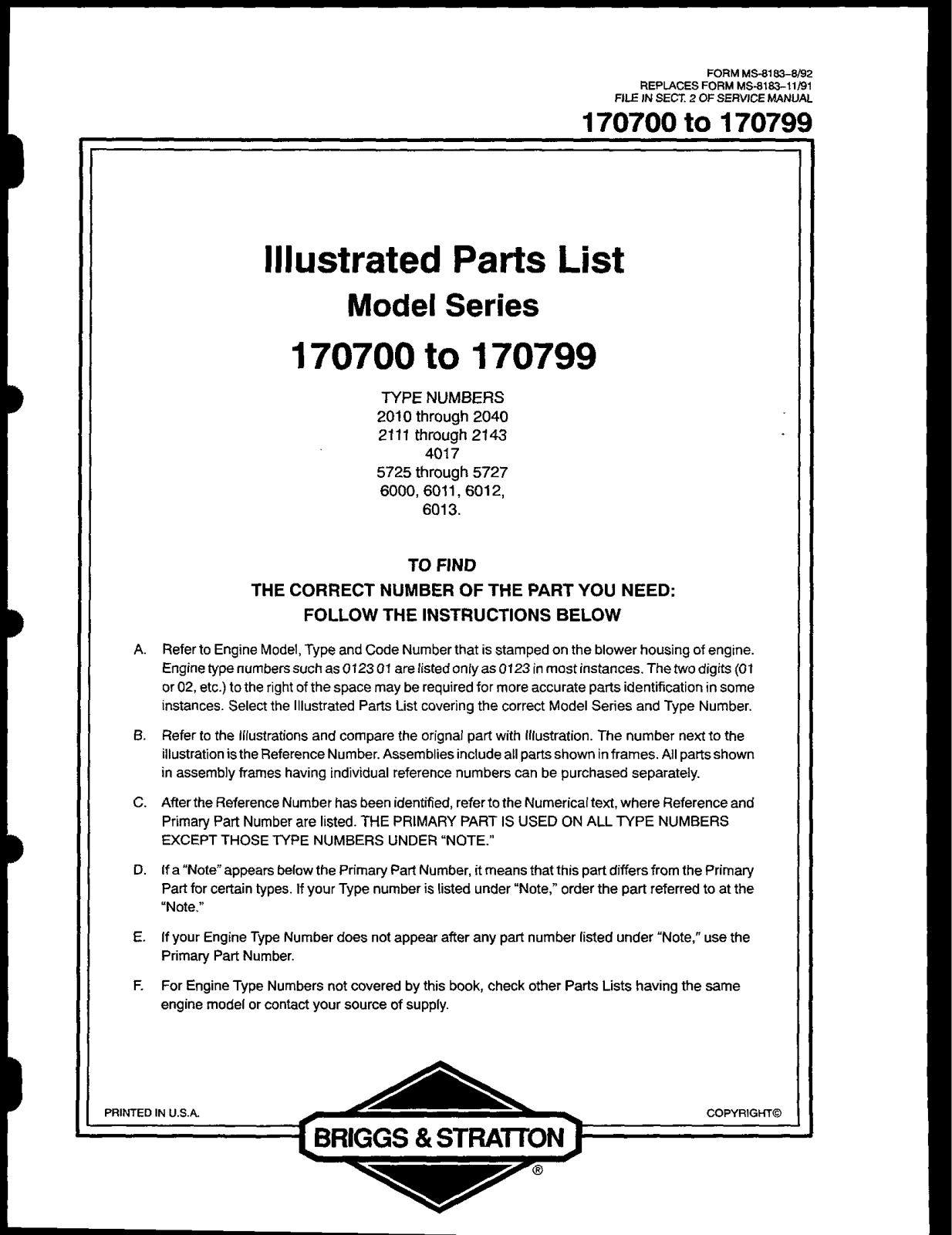 Briggs & Stratton 170799 User Manual