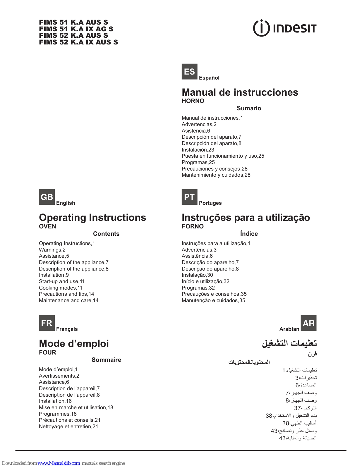 Indesit FIMS 51 K.A AUS S, FIMS 52 K.A AUS S Operating Instructions Manual