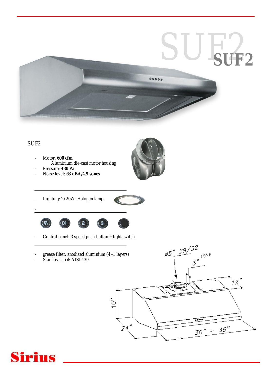 Sirius SUF230, SUF236 Specifications