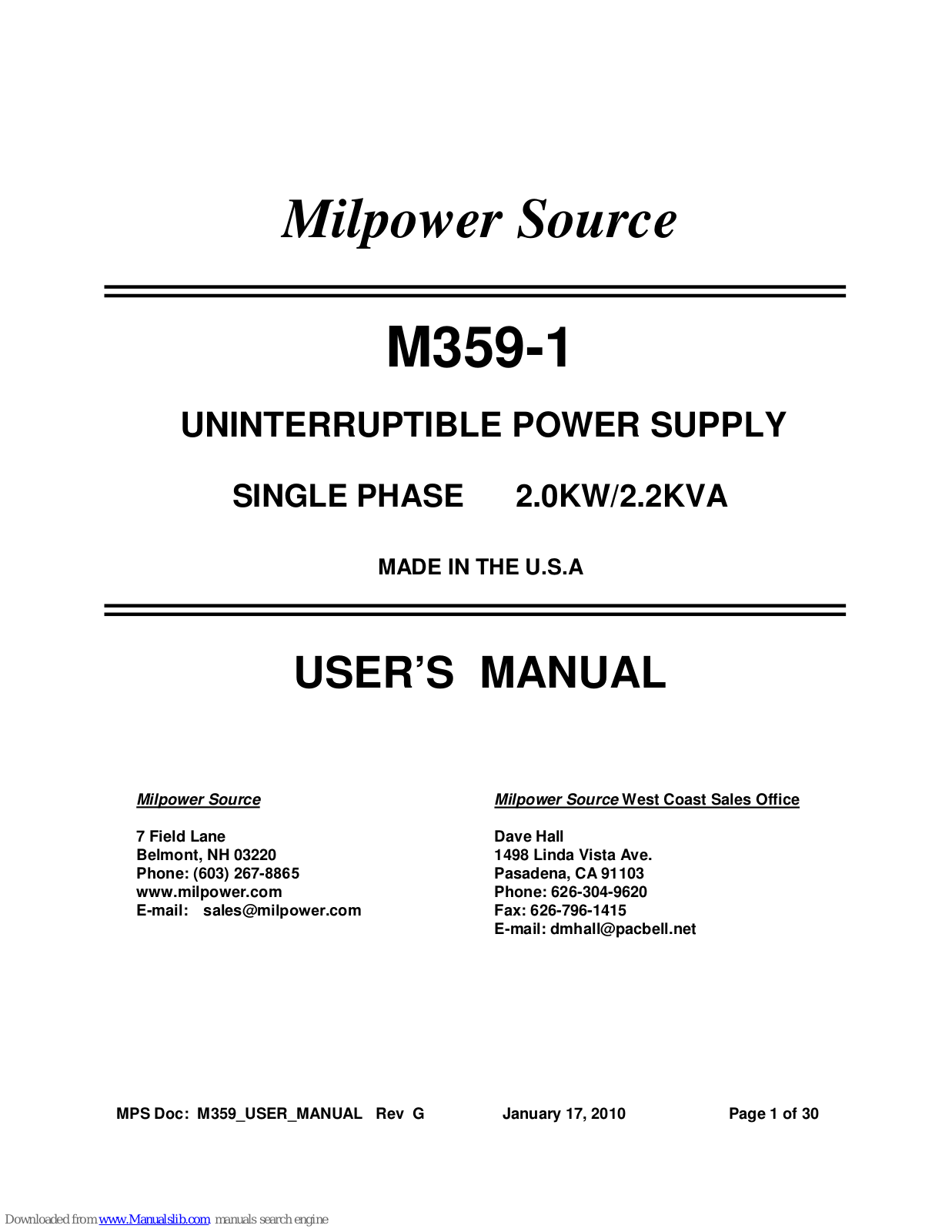 Milpower Source M359-1 User Manual