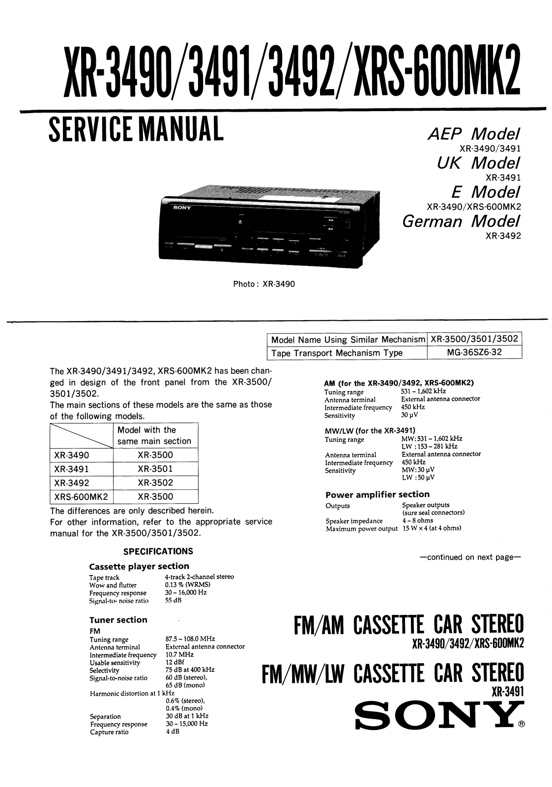 Sony XR-3492 Service manual