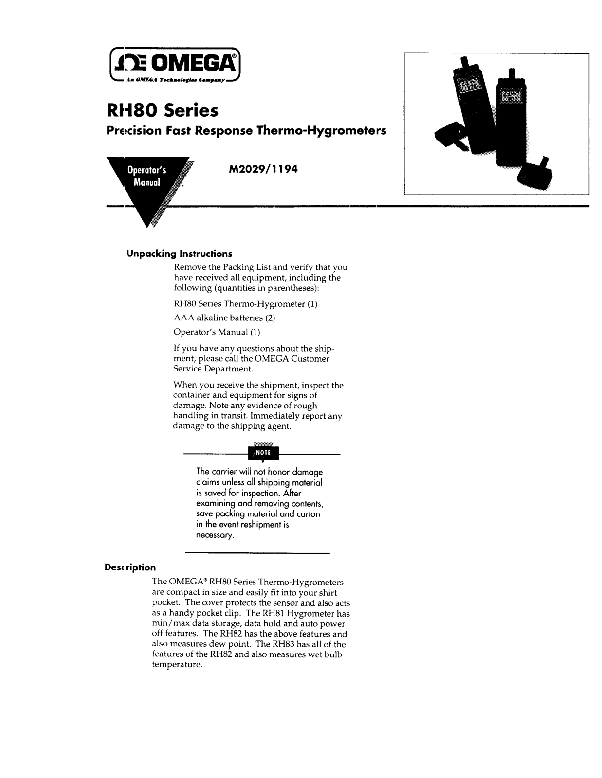 Omega Products RH82 Installation  Manual