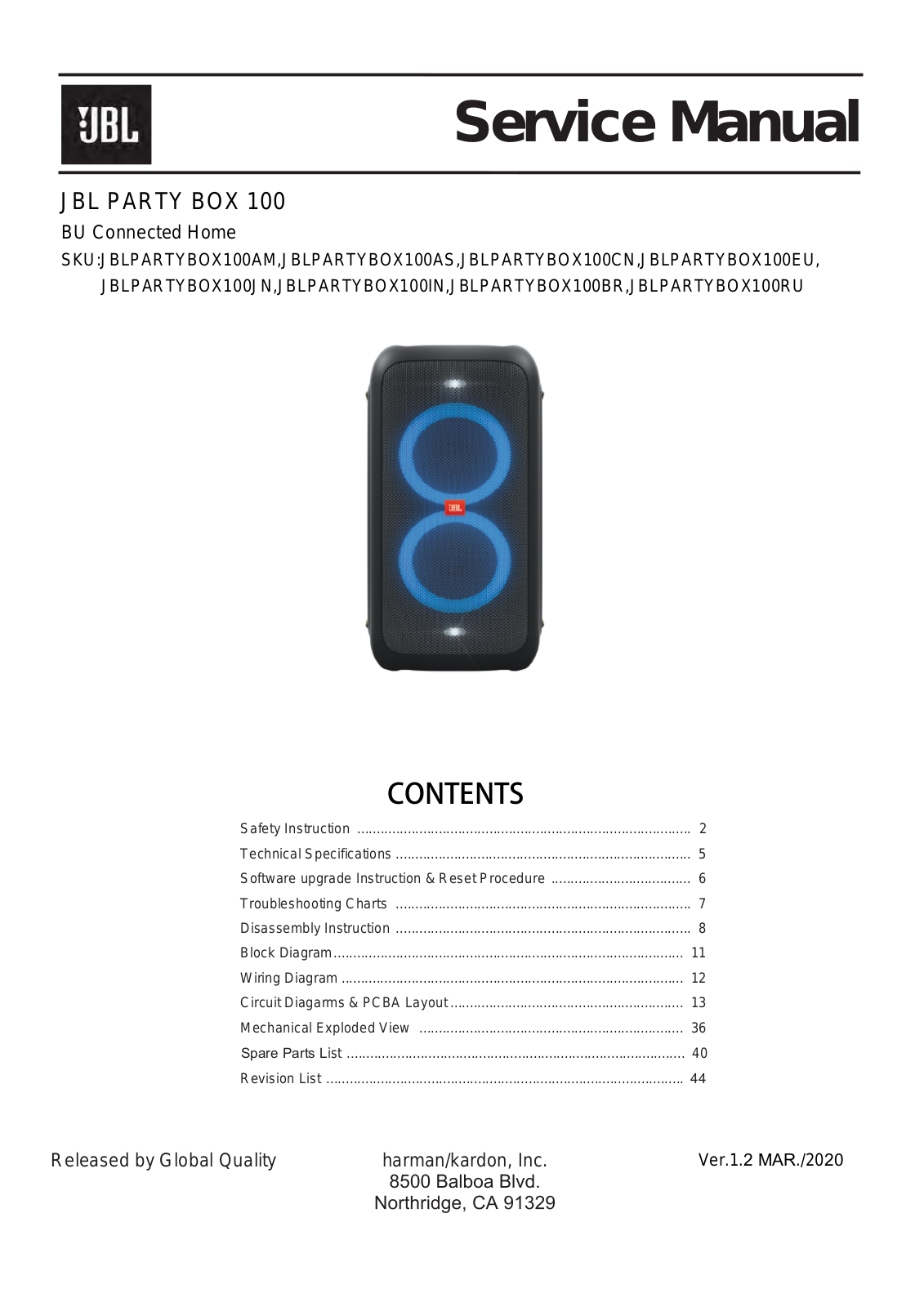 JBL Party Box 100 Service manual