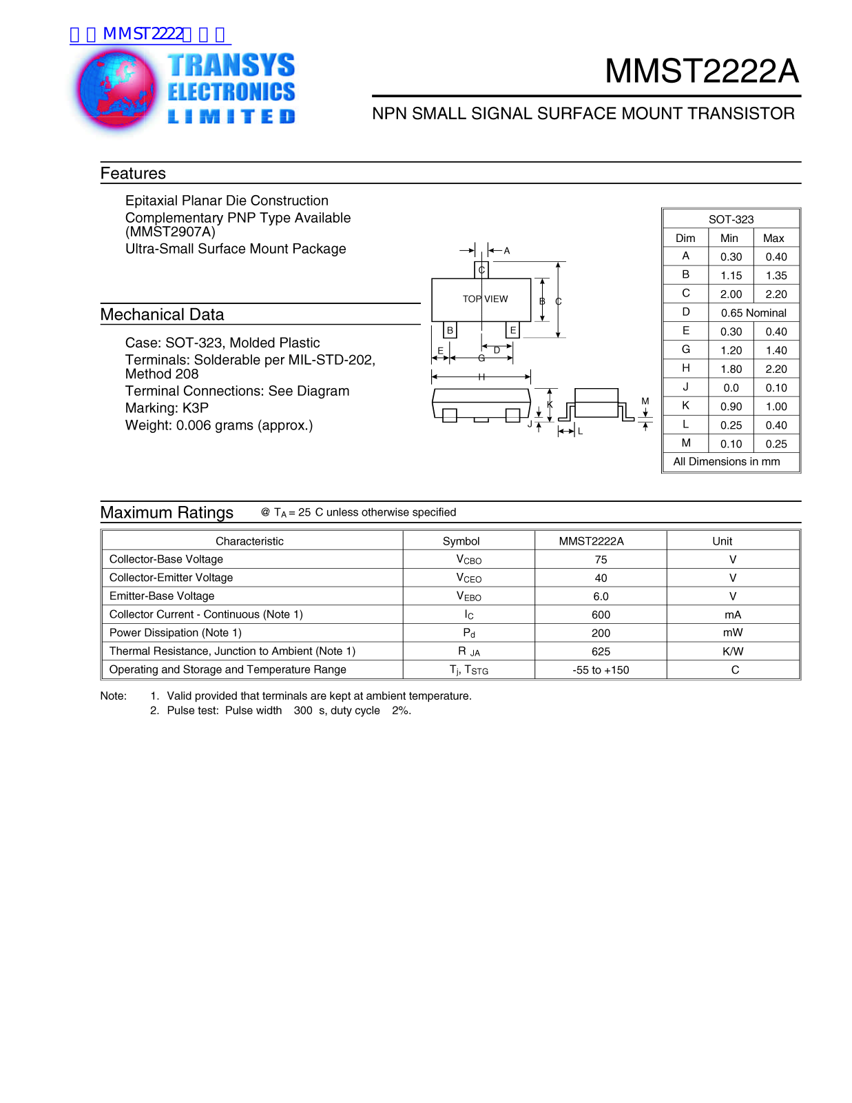 Transys Electronics MMST2222A Technical data