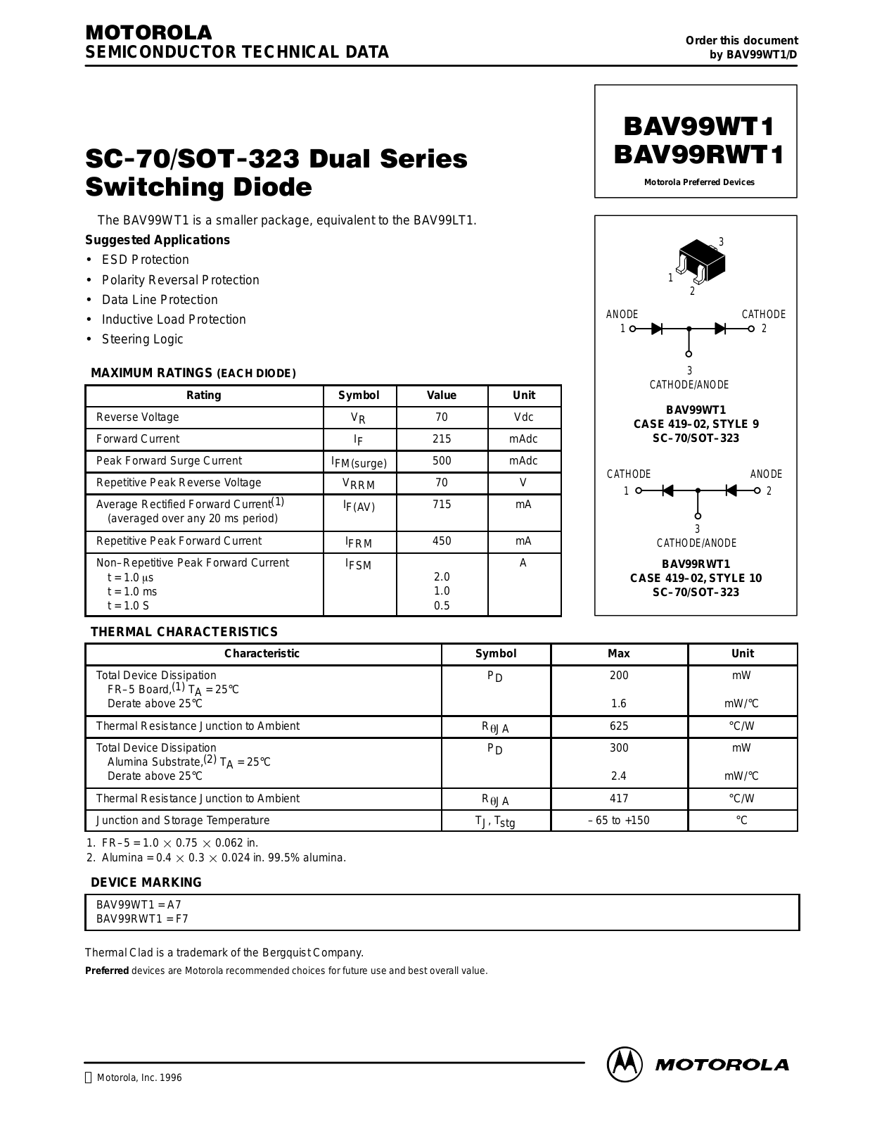 Motorola BAV99RWT1, BAV99WT1 Datasheet