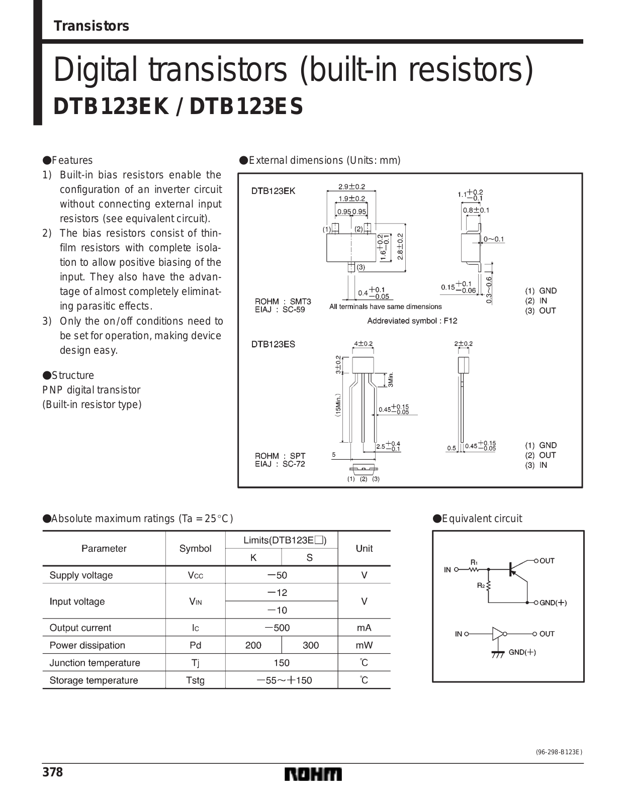 ROHM DTB123ES, DTB123EK Datasheet