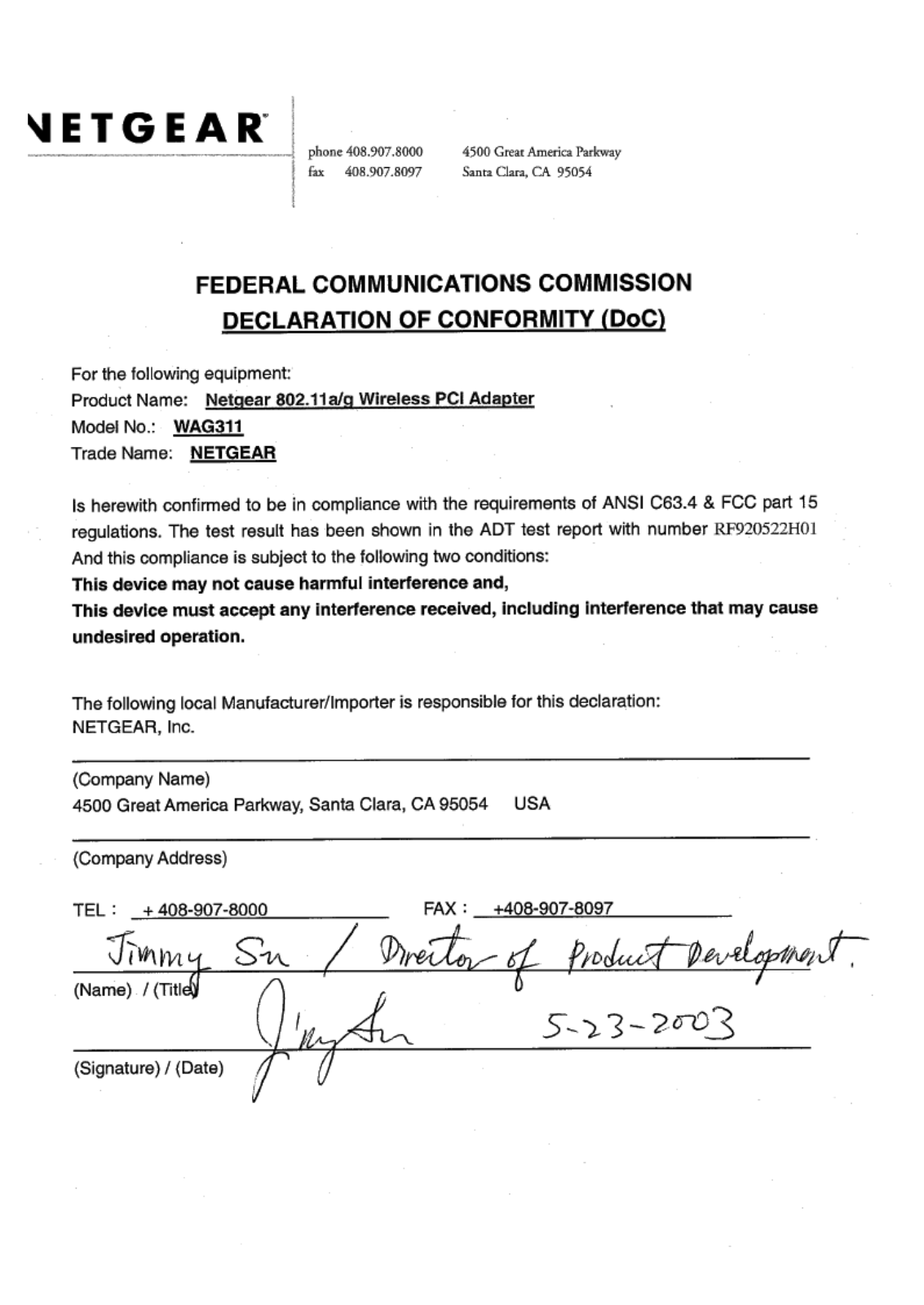 Netgear orporated WAG311 DoC