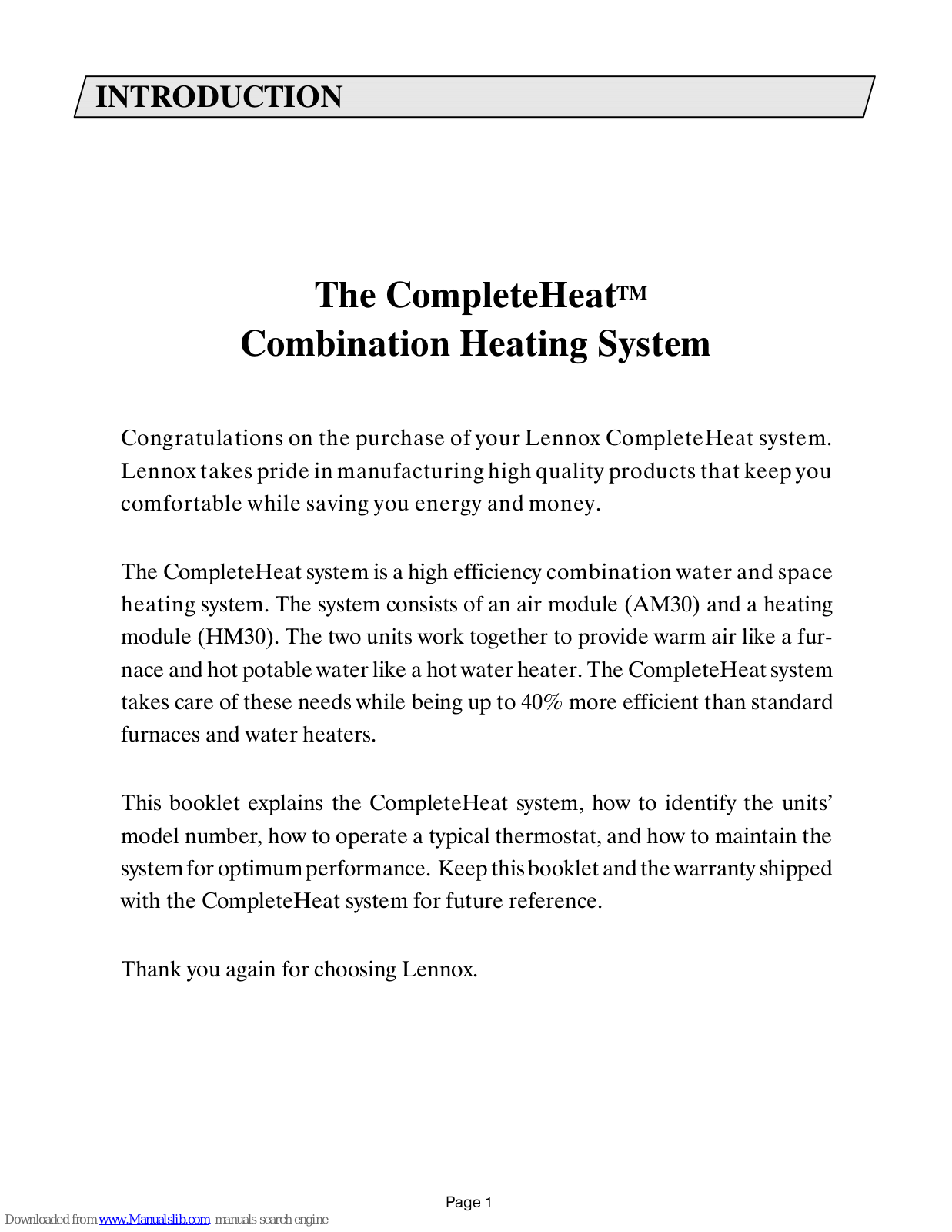 Lennox CompleteHeat AM30, CompleteHeat HM30 Installation Manual