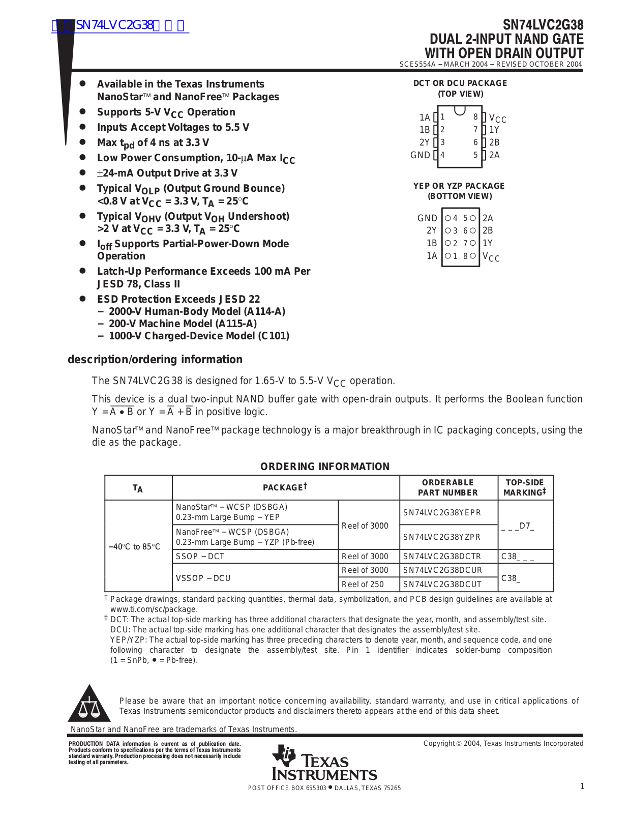 TEXAS INSTRUMENTS SN74LVC2G38 Technical data