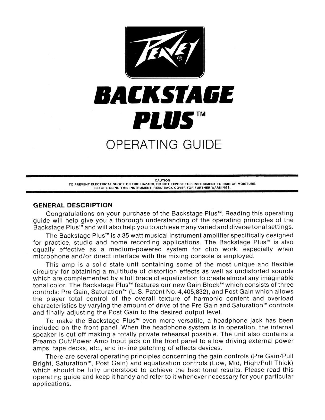 Peavey BACKSTAGE PLUS Operating Manual