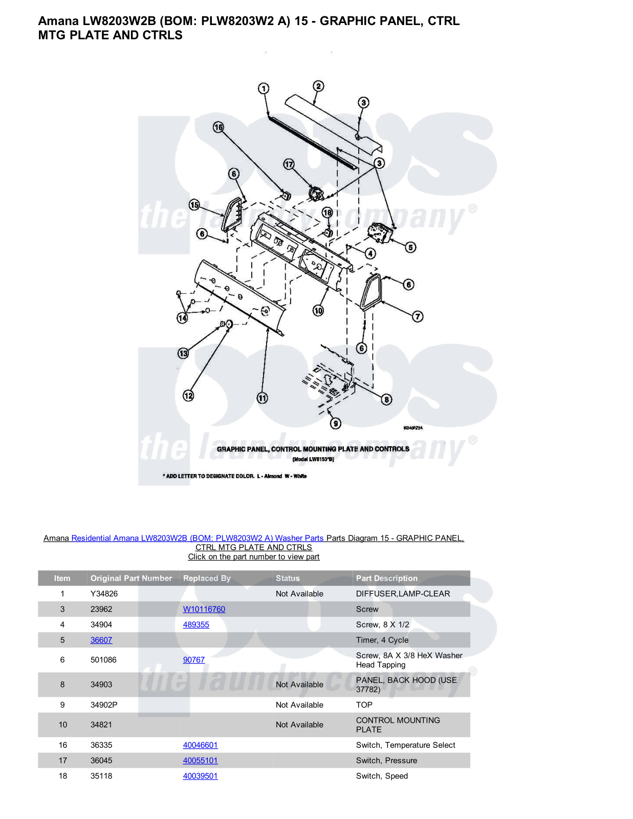 Amana LW8203W2B Parts Diagram